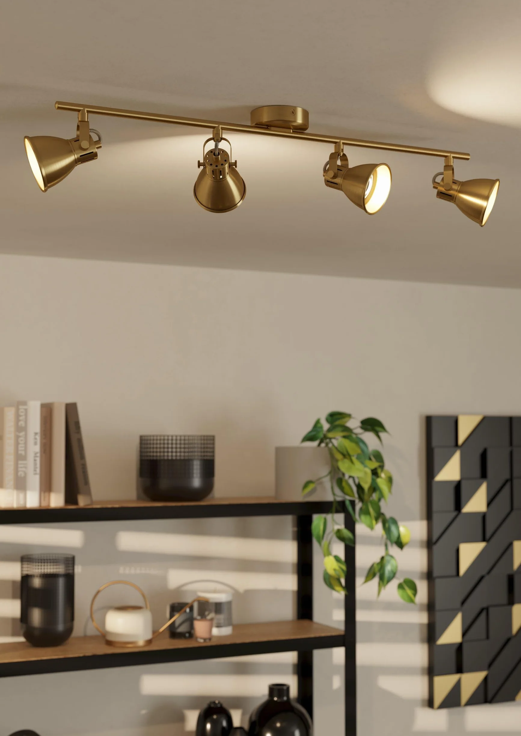 Eglo plafoniera LED Seras, plafoniera con 4 spot, barra orientabile, lampada da soggiorno in acciaio in ottone spazzolato e oro, illuminazione da soffitto con lampadina GU10, bianco caldo