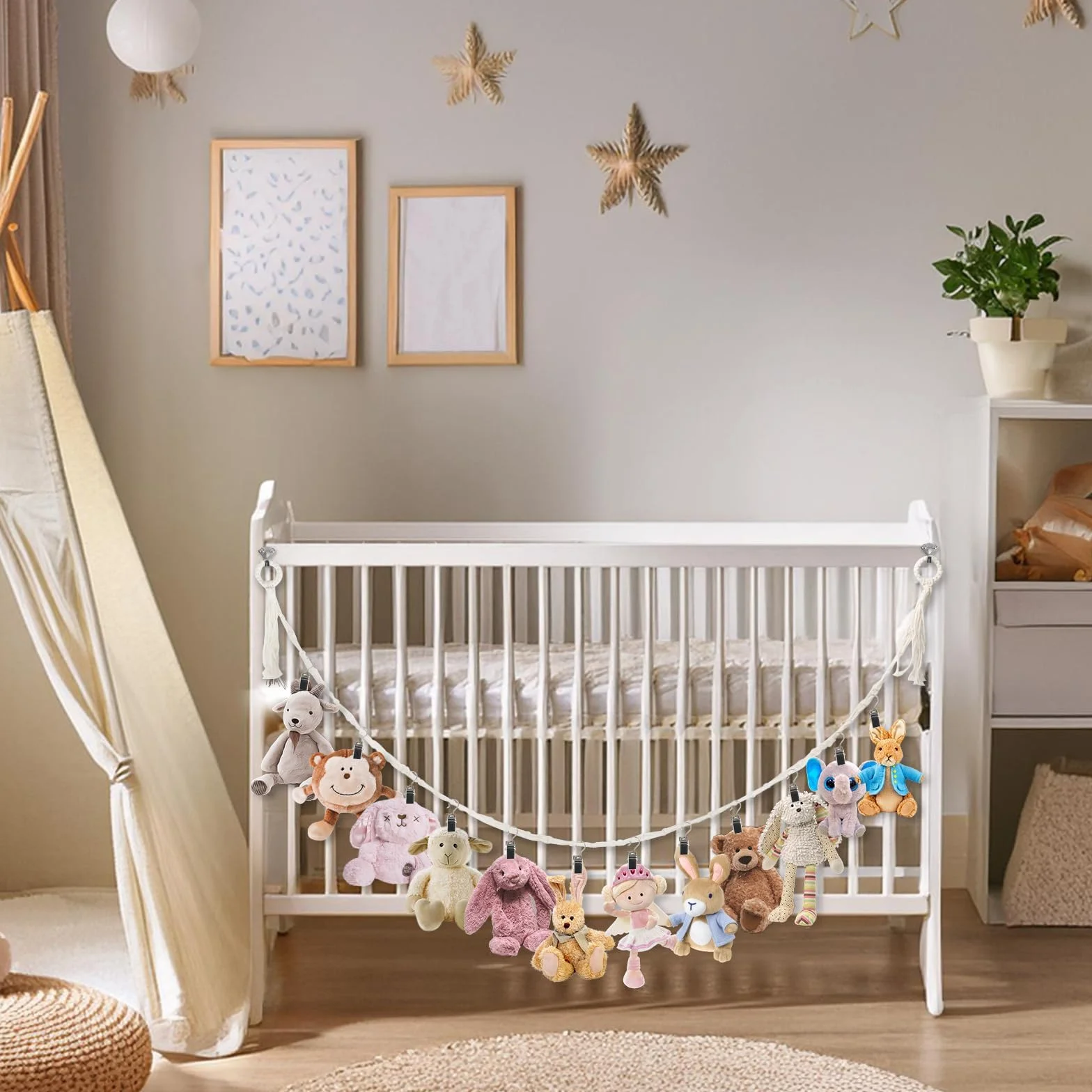 Supporto per Animali di Peluche con 15 Mollette in Metallo, Amaca Stile Boho per Cameretta Bambini
