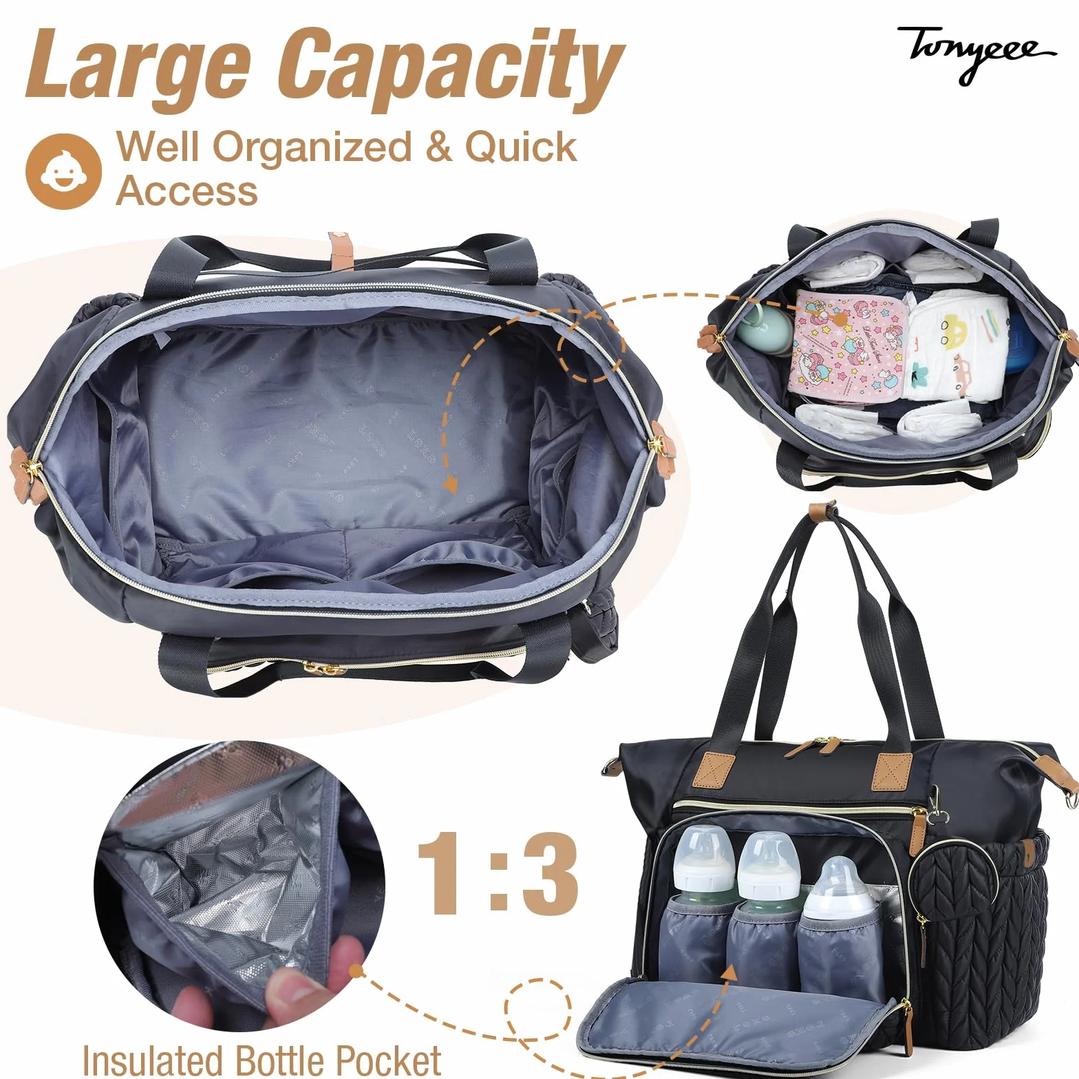 Borsa Fasciatoio a Tracolla Multifunzione per Pannolini da Viaggio con Tasche Isolate, Nero