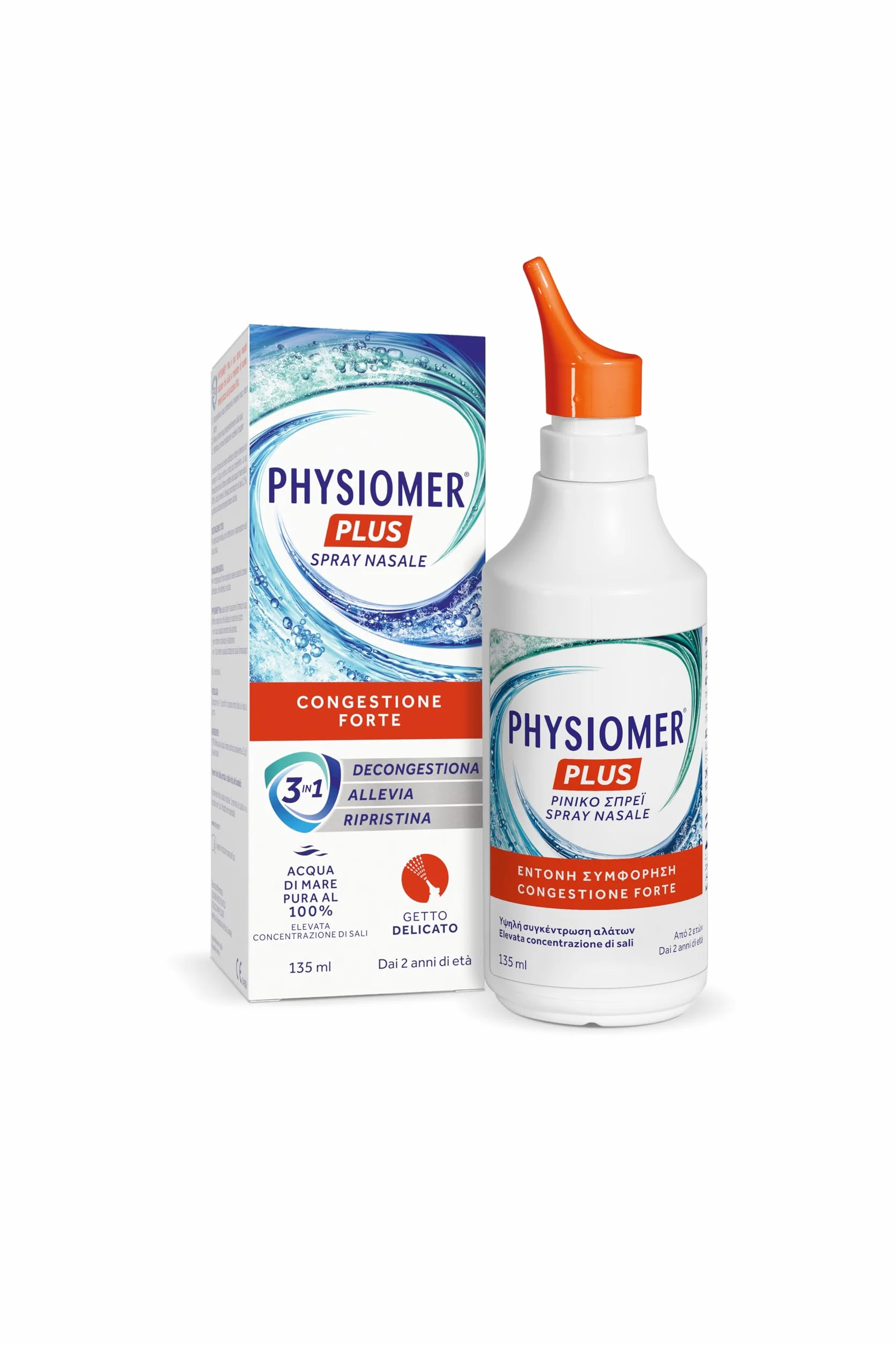 Physiomer Plus Spray Nasale 135 ml - Congestione Forte - 3in1 Decongestiona Allevia Ripristina - Acqua di mare pura al 100% Elevata concentrazione di Sali