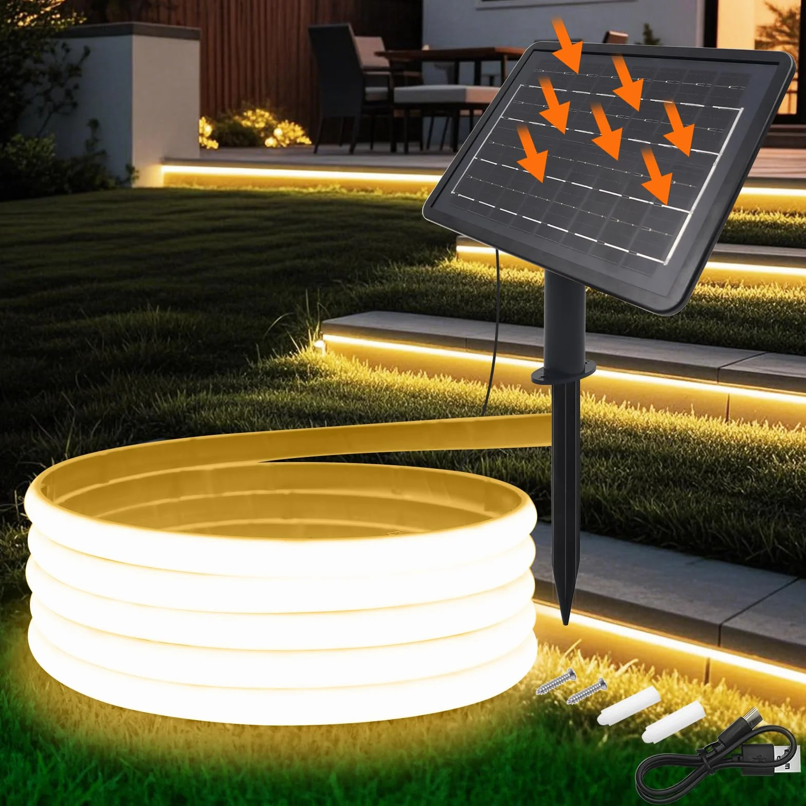 KISUFU 24V Solar Neon Light outdoor LED Strips, IP68 impermeabile 320 LEDs/m strisce LED con 1200mah 8 modalità solare con inserto di terra luce per casa giardino matrimonio festa di Natale.