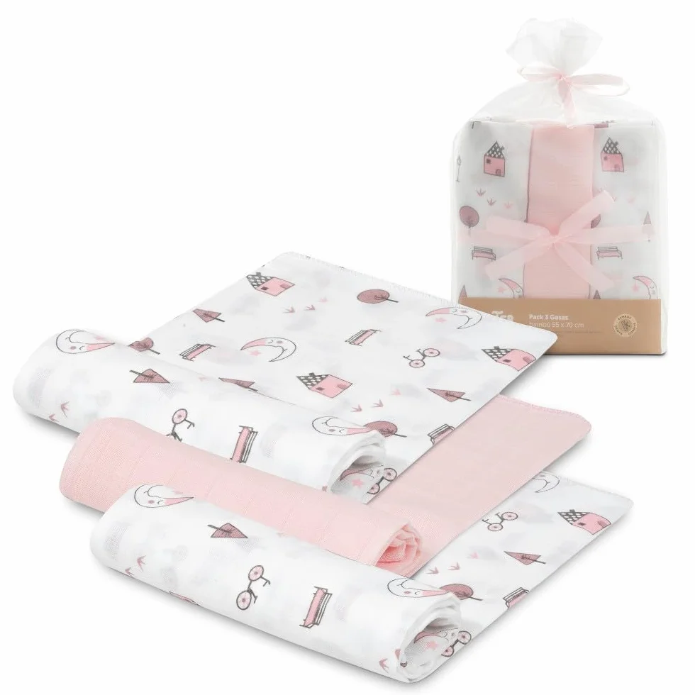INTERBABY Set di 3 Mussole di Bambù MOON rosa per neonati 55x70 cm