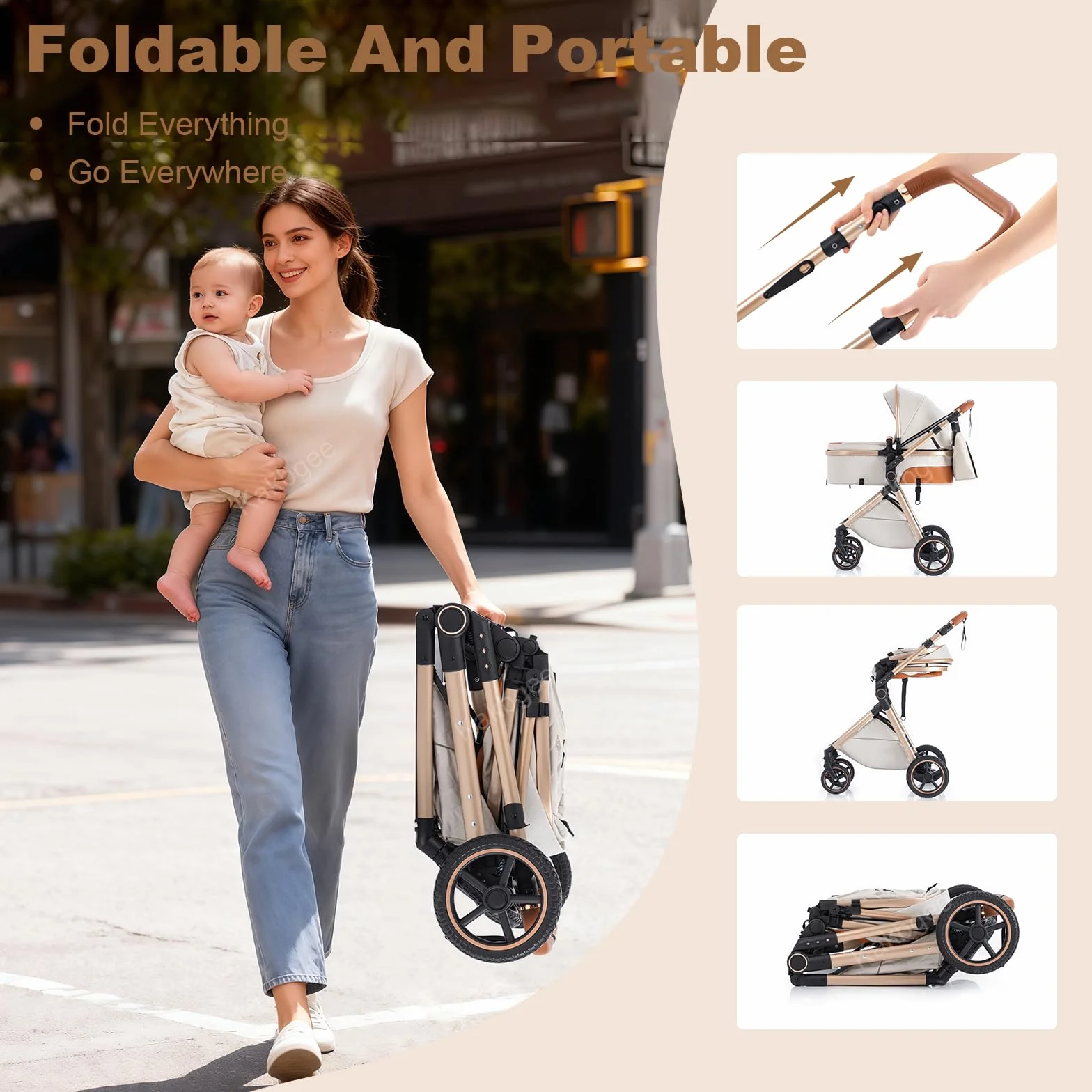 Passeggino 3 in 1 con Seggiolino Auto, Carrozzina Pieghevole, 7 Altezze Regolabili, Sospensione 4 Ruote, Nero
