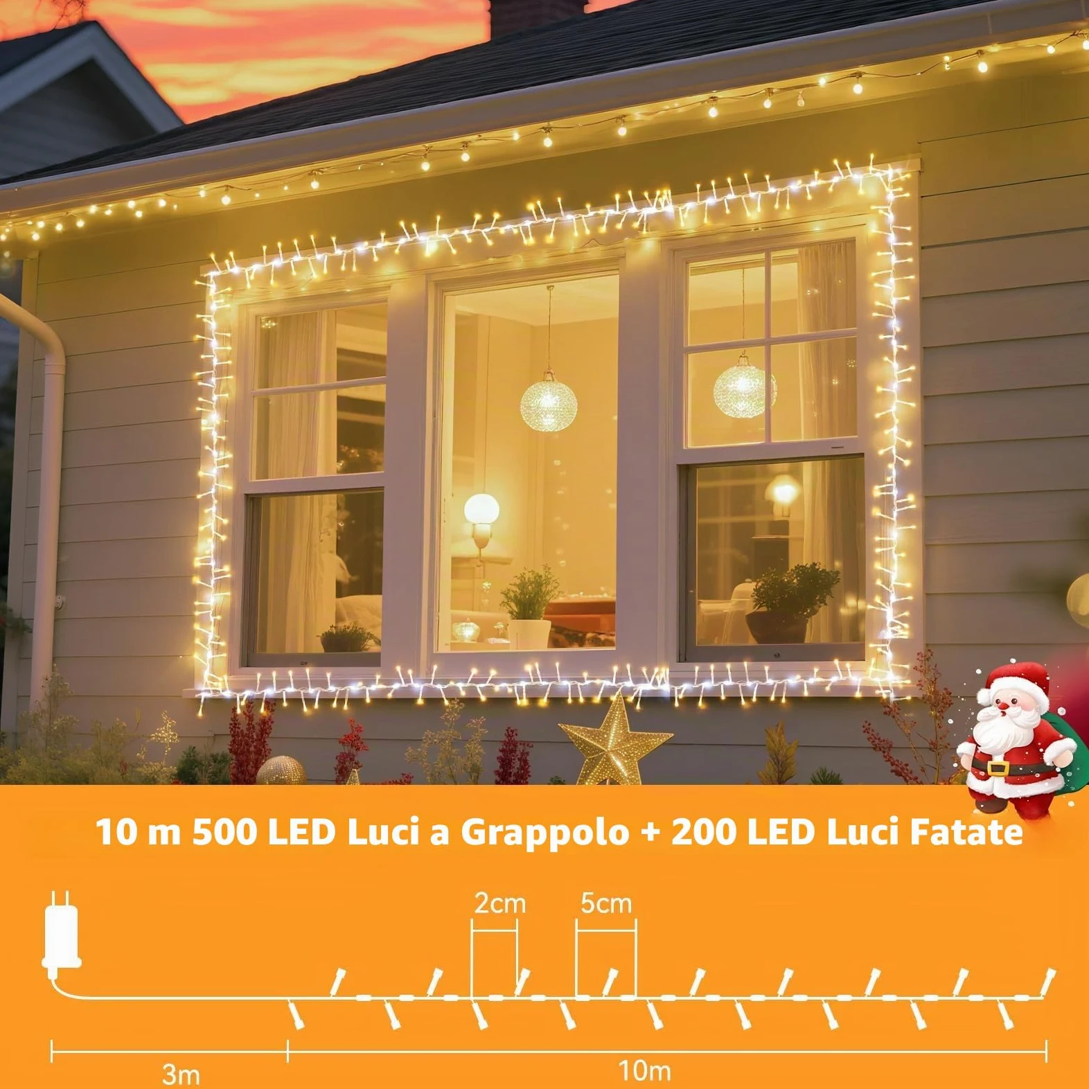 Globalink Luci Albero Natale 500LEDs, Catena Luminosa 10M Esterno IP44 Impermeabile,9 Modalità Dinamici,Funzione Memoria, Calda Decorazione Natalizia per Casa Interno Giardino-Bianco caldo