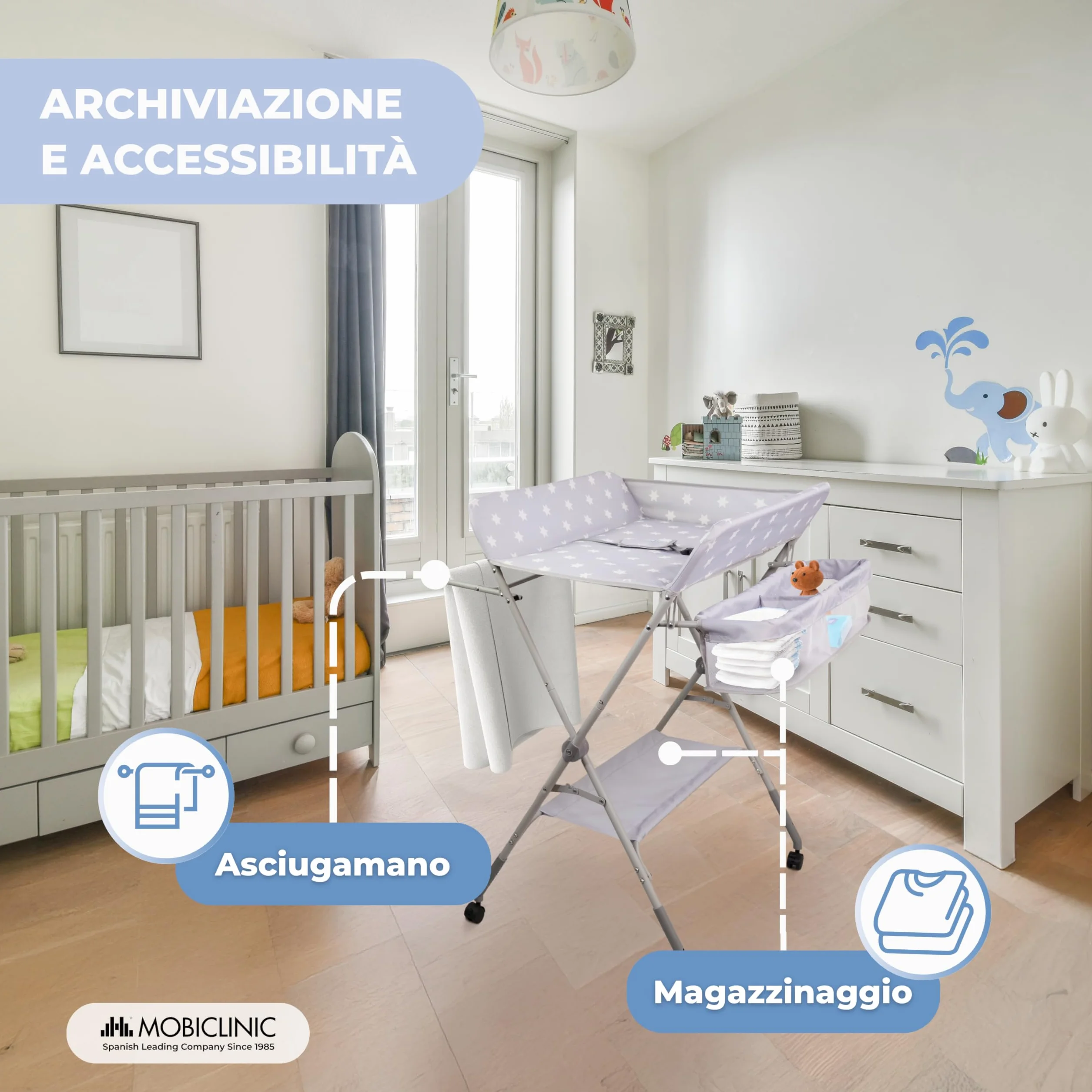 Mobiclinic Fasciatoio pieghevole per Neonati, Altezza Regolabile, Fino a 15 kg, 0-36 Mesi, Ruote a 360° Freno, Lavabile