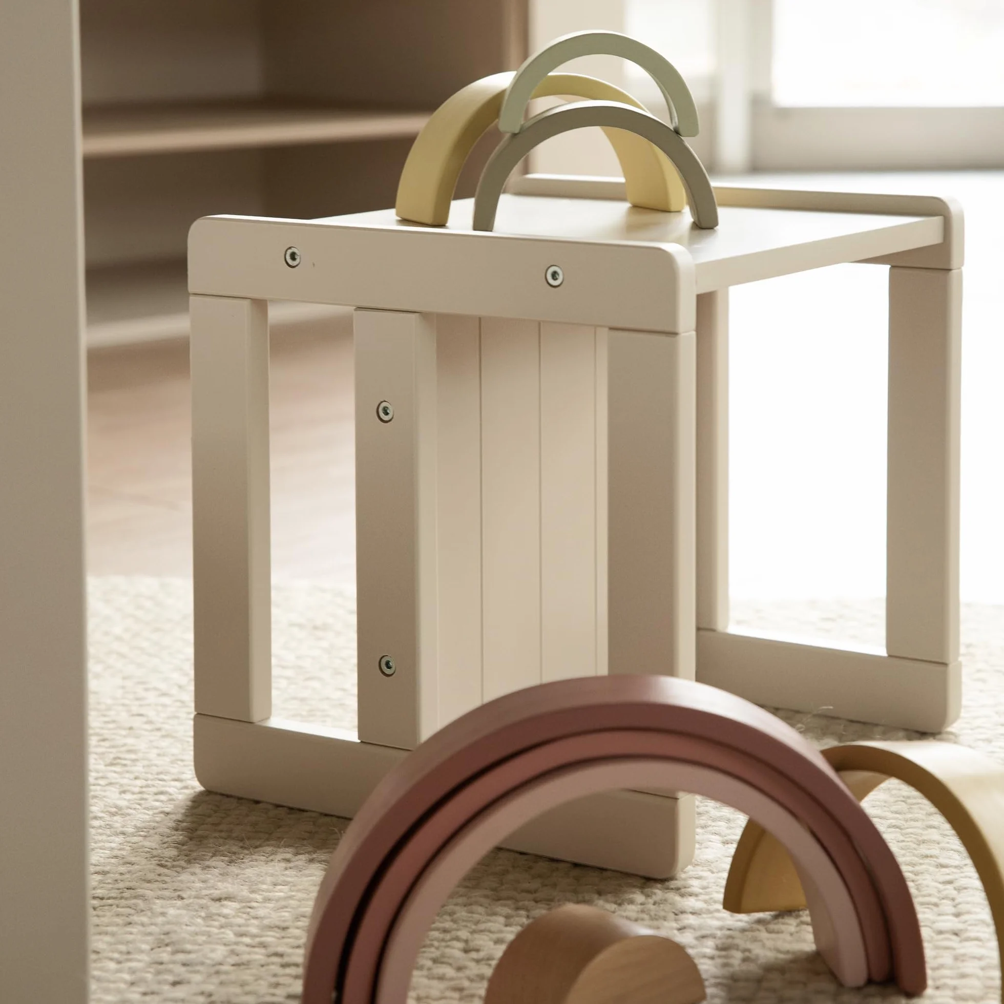 Sgabello per Bambini in Stile Country Reversibile 3 Altezze Seduta Legno Beige/Cashmere