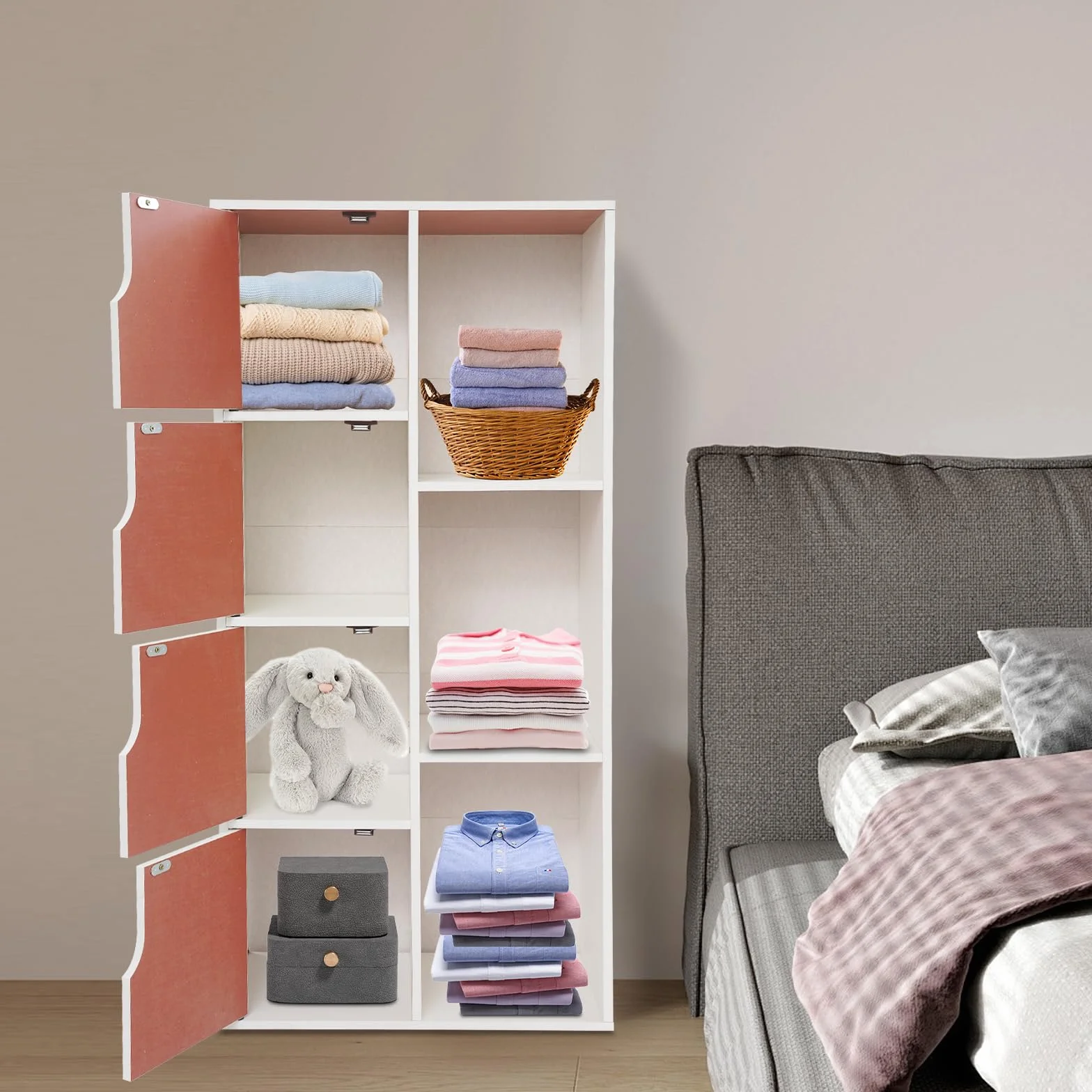 Armadio a Colonna Bianco Stretto 50x24x105 cm 7 Scompartimenti per Conservazione Soggiorno Camera da Letto