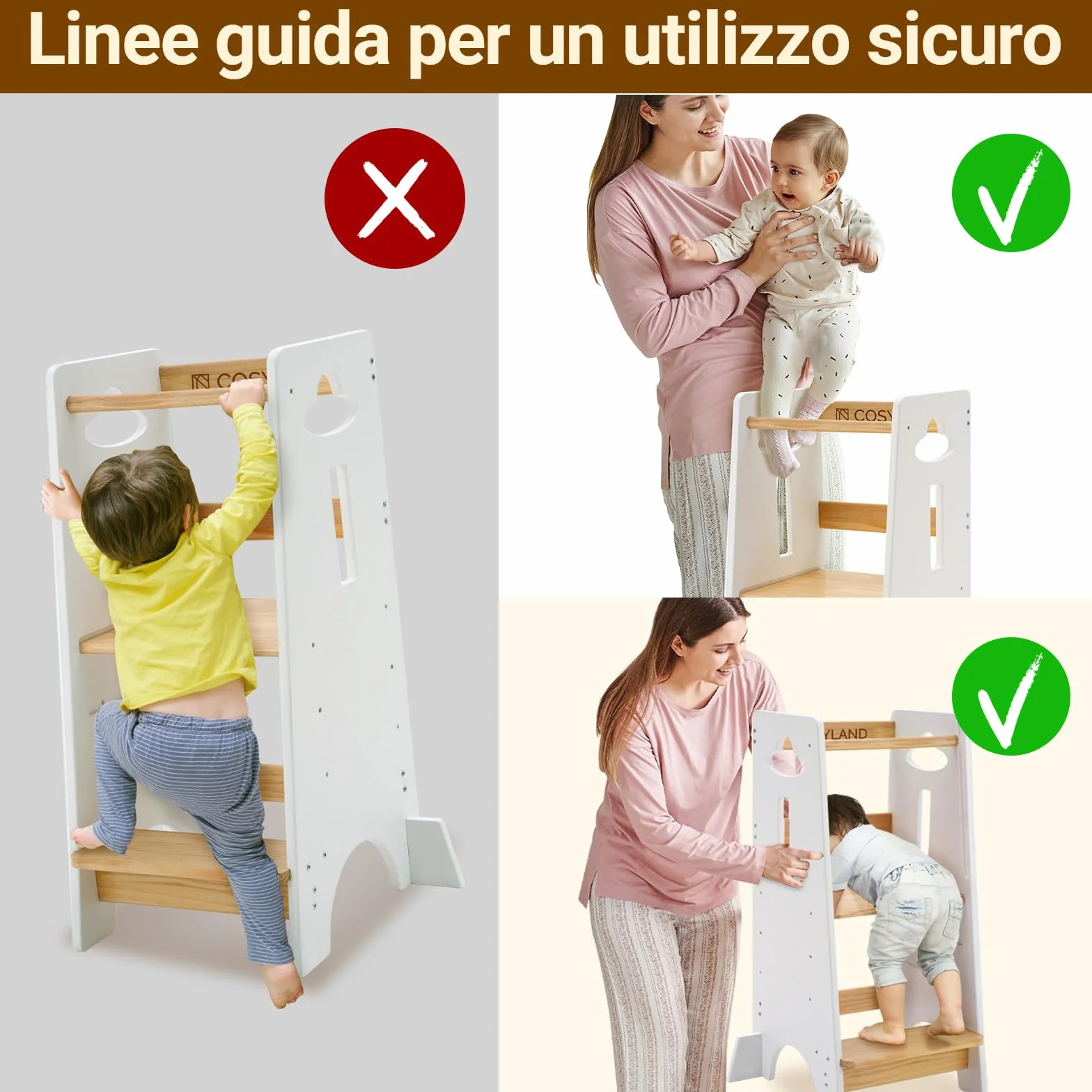 COSYLAND Torre Montessoriana Bambini 1 Anno – Torretta Montessoriana Legno Spesso Regolabile 3 Altezze Bianco Classico Naturale