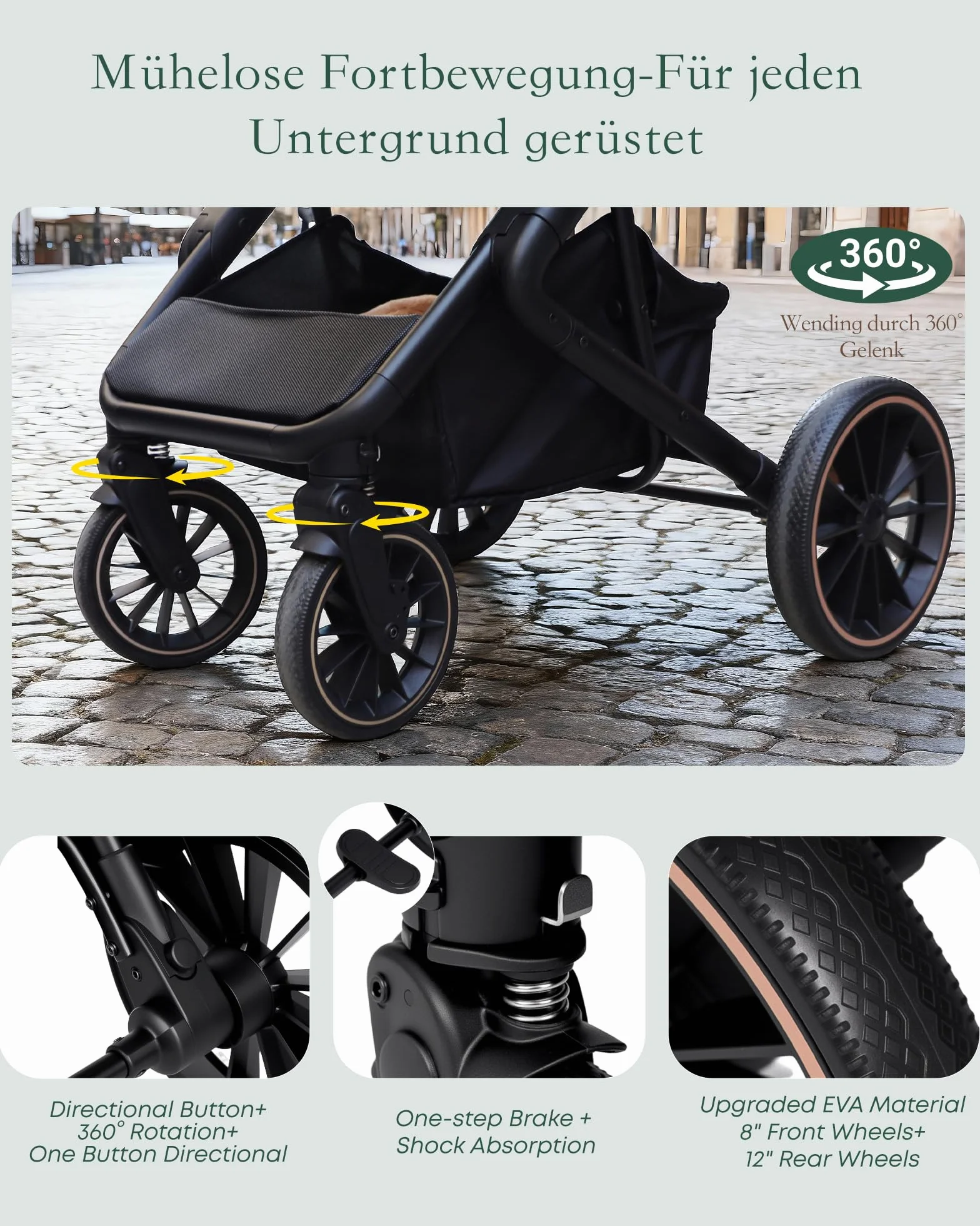 Passeggino 2 in 1 Reversibile 360° Chiusura Veloce Fronte Mamma 0-48 Mesi 26 kg Verde