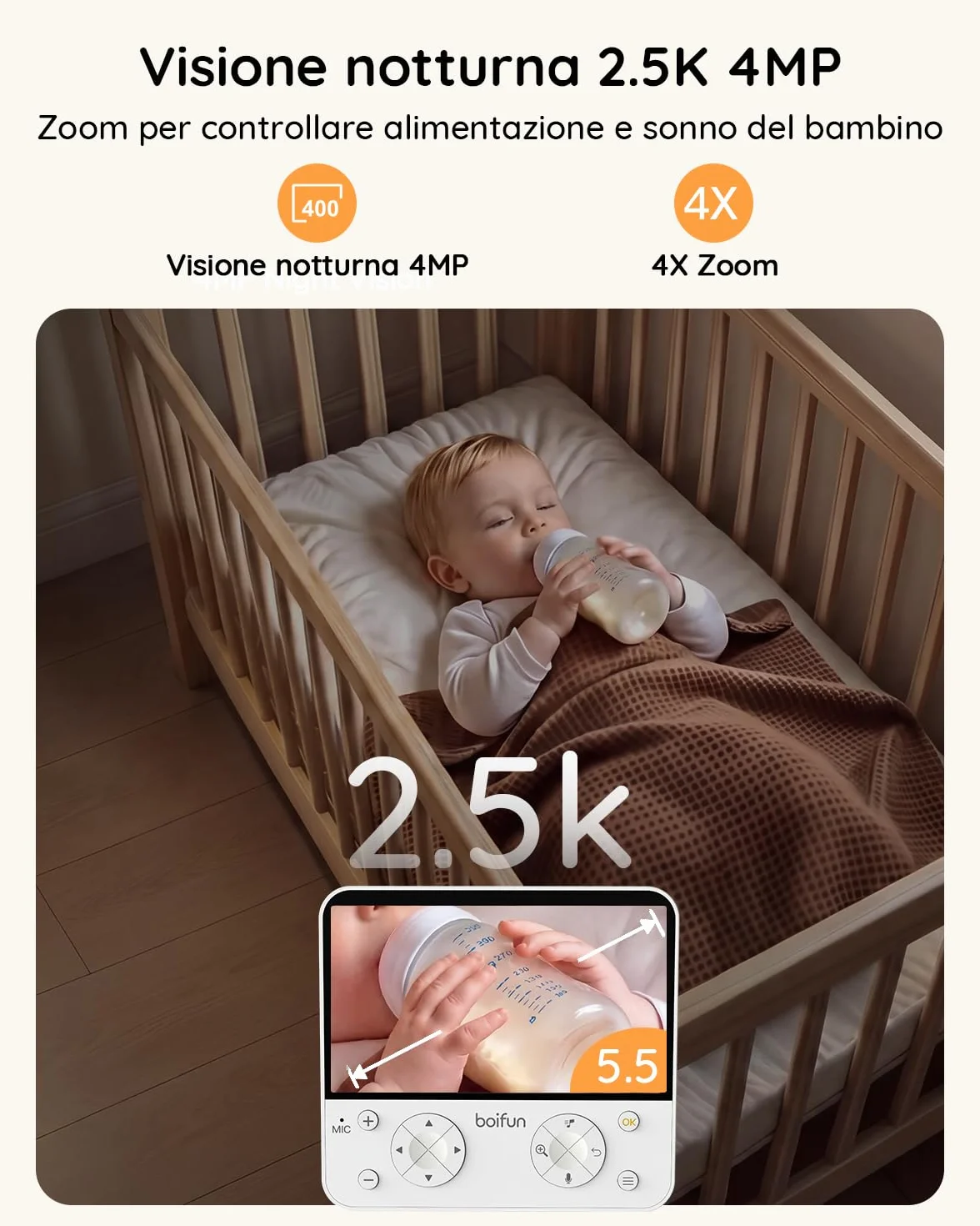 Boifun Baby Monitor 5.5" Video Audio 4MP 360° Zoom 4X WiFi AI Intelligente Audio Bidirezionale Luce Notturna 4000mAh