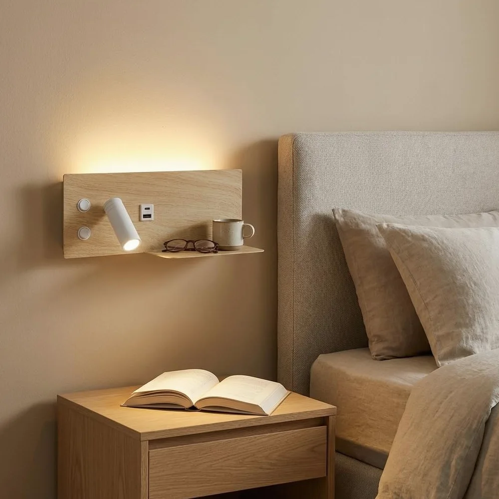Alpinaluz Applique LED da Parete con Luce di Lettura Orientabile e Luce Ambientale 2700K, Interruttore Doppio, Doppia Porta di Ricarica USB, Mensola, Metallo con Effetto Legno