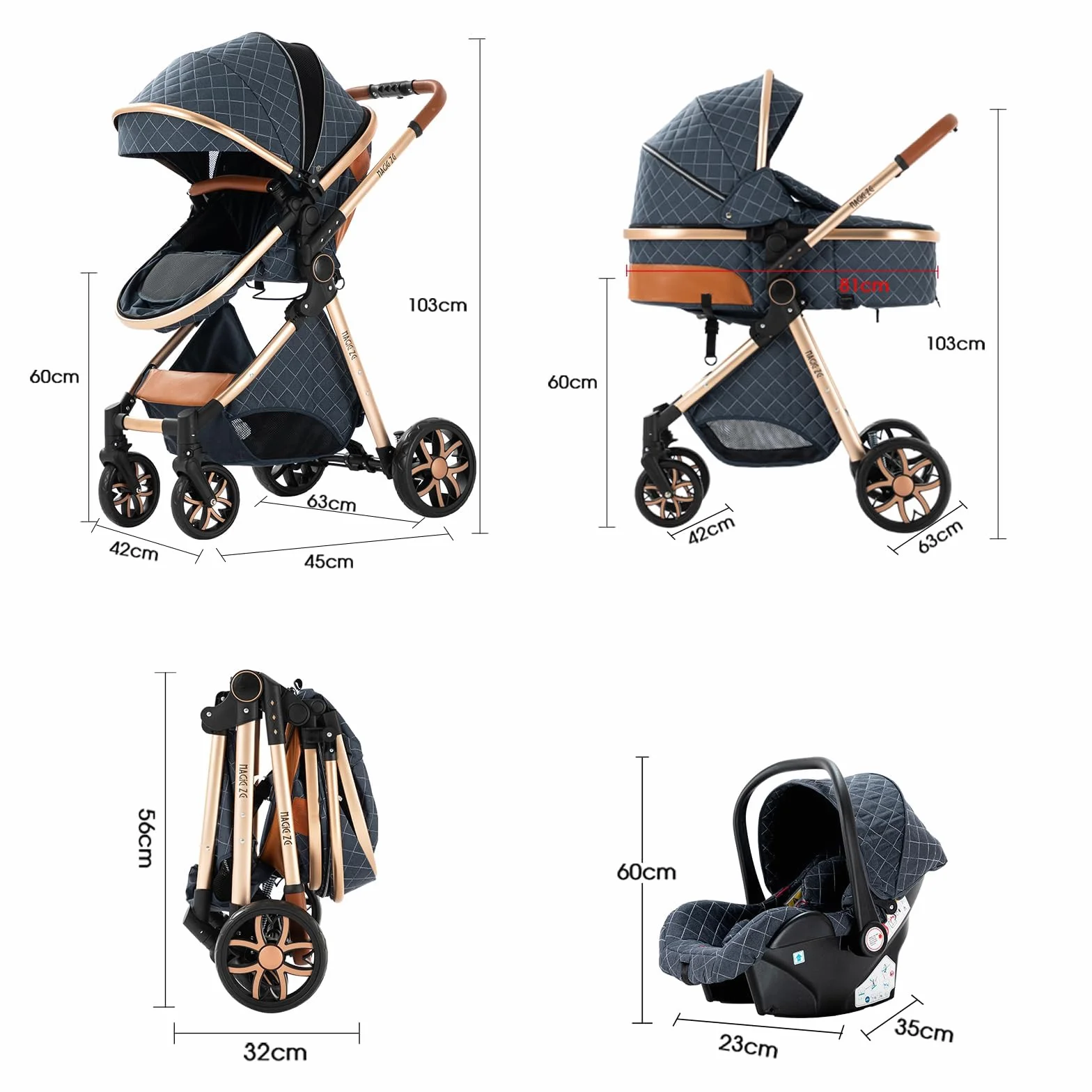Passeggino Trio 3 in 1 con Telaio in Lega di Alluminio Pieghevole (225 Denim Blue)