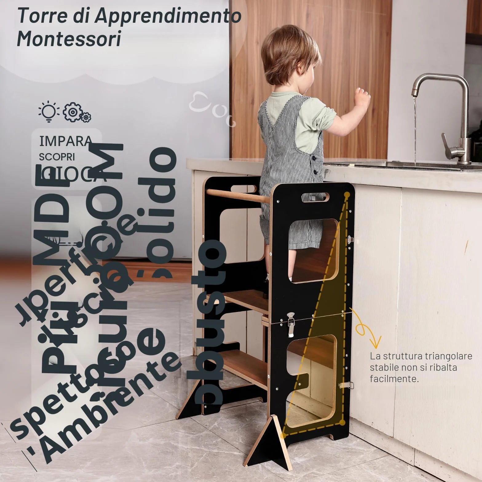 Labebe Torre di Apprendimento per Bambini Montessori 3 in 1 Pieghevole con Lavagna e Protezione Antiribaltamento Nero