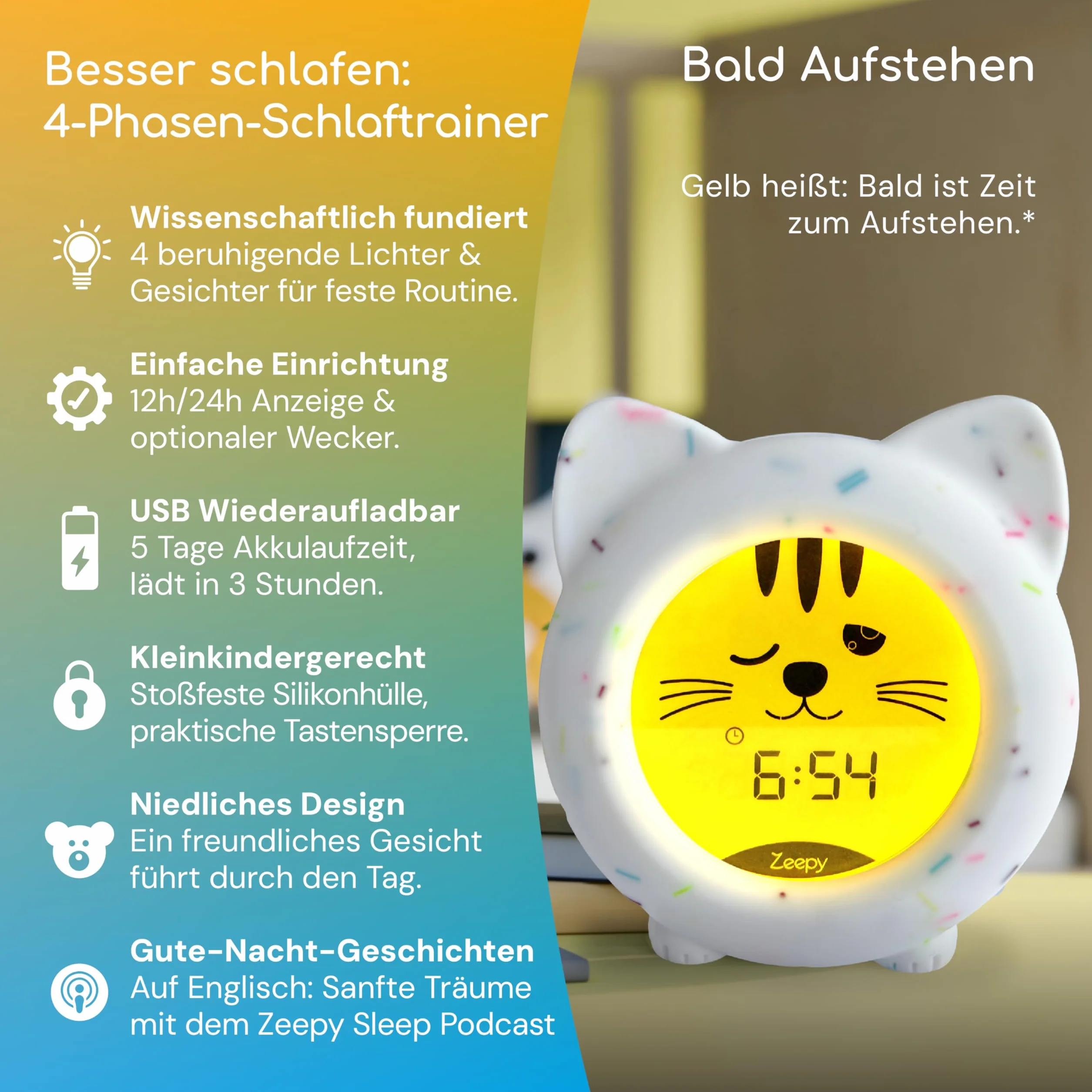 Zeepy Sveglia Bambino Educativo Giorno/Notte | Orologio Sveglia Luminoso USB Ricaricabile Infrangibile | Luce Notturna Bambino Scienziato per Sonno Tranquillo – Kip il Gattino