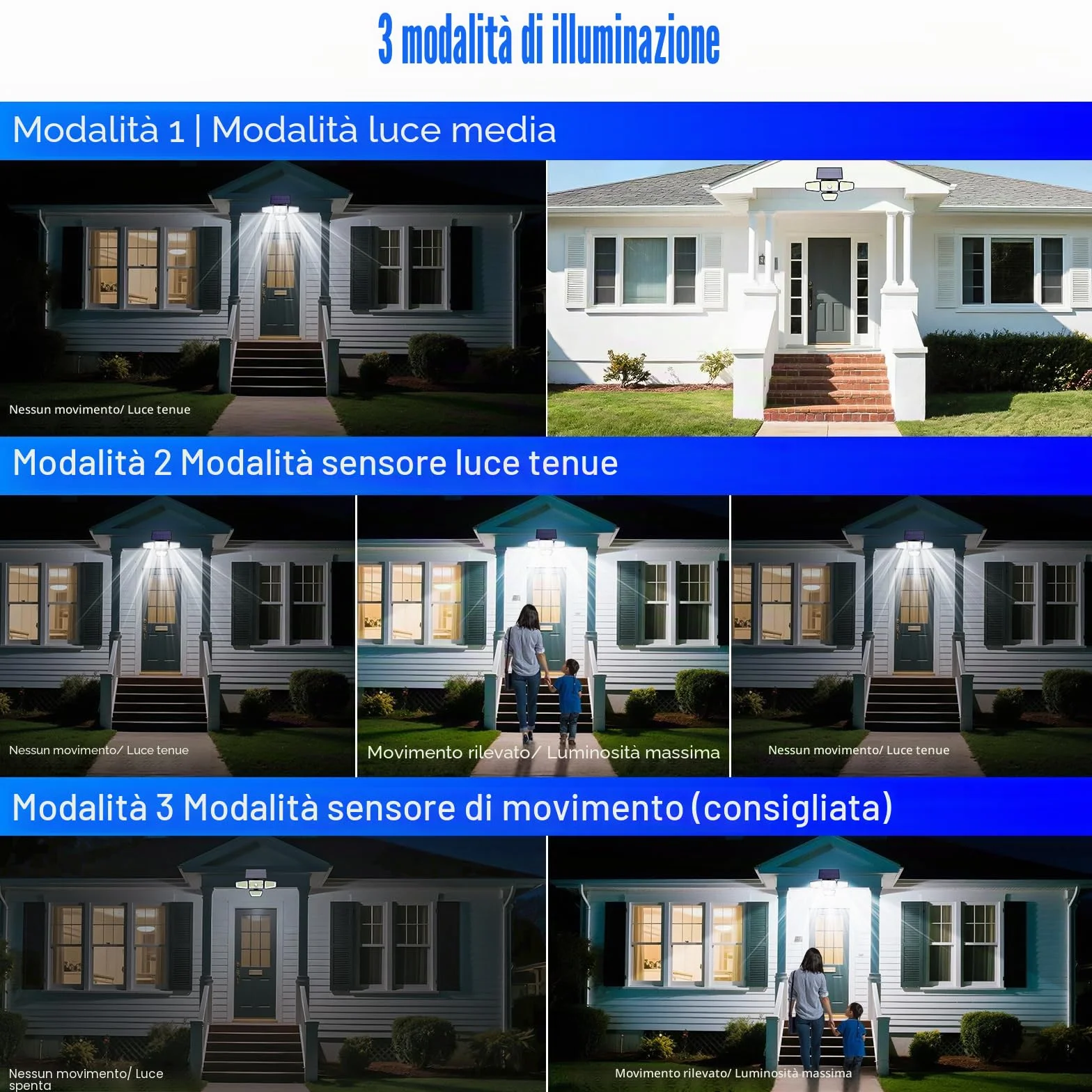 Peasur 2 Pezzi Faretto Led da Esterno Solare, 318 LED Luce Solare con Sensore di Movimento, 4 Testa 3 Modes Impermeabile Faretti Solari, Luci Solari per Giardino Garage Parete