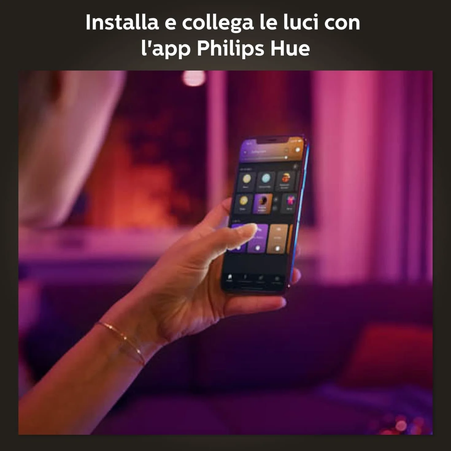 Philips Hue White and Color Ambiance Lampadina Smart LED, Attacco E27, Luce Bianca o Colorata, 6.5W, confezione da 4