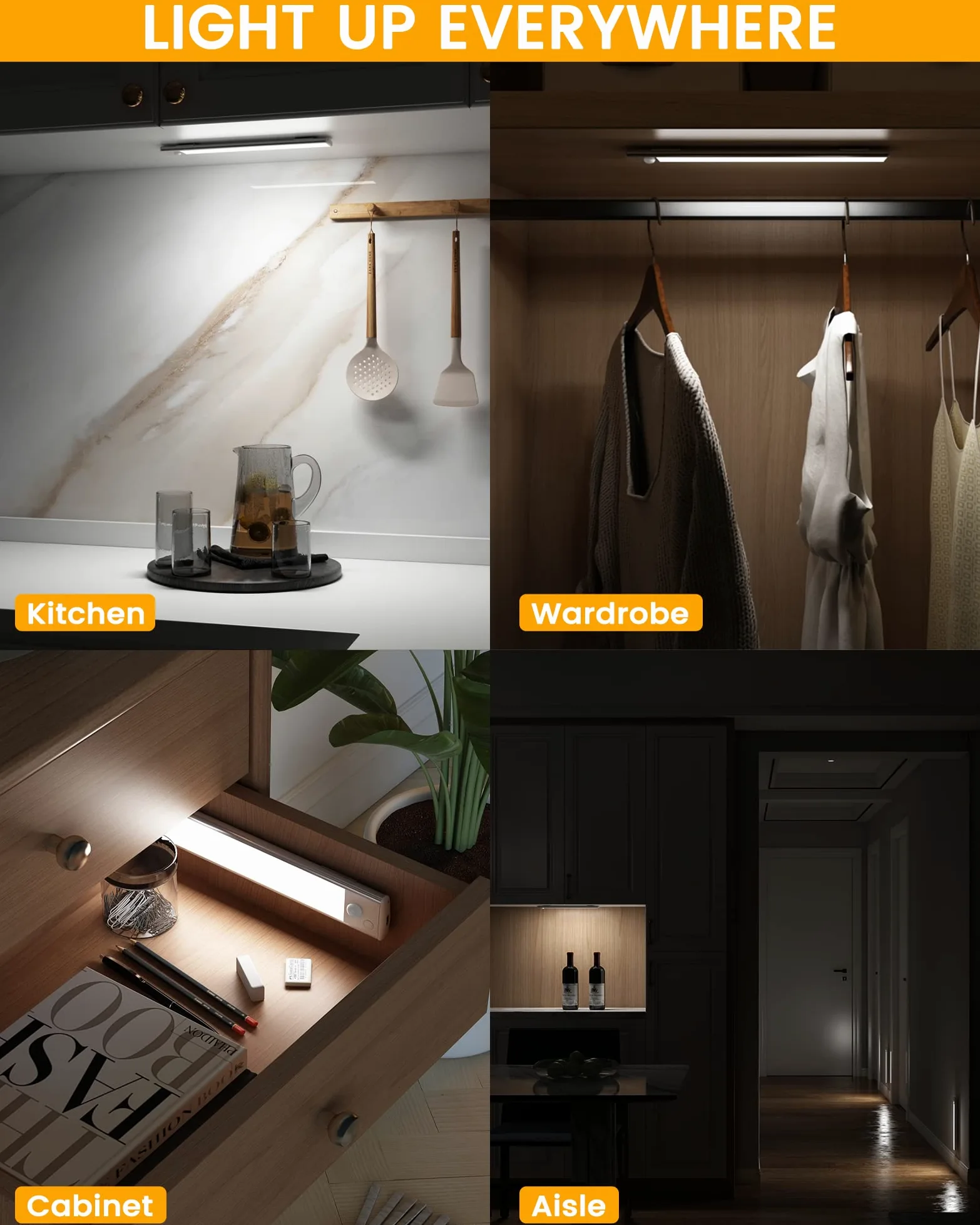 ASOKO Illuminazione Sottopensile Interno con Sensore di Movimento 3 Colori USB C Ricaricabile a Batteria Magnetica Senza Fili per Cucina (Luce)