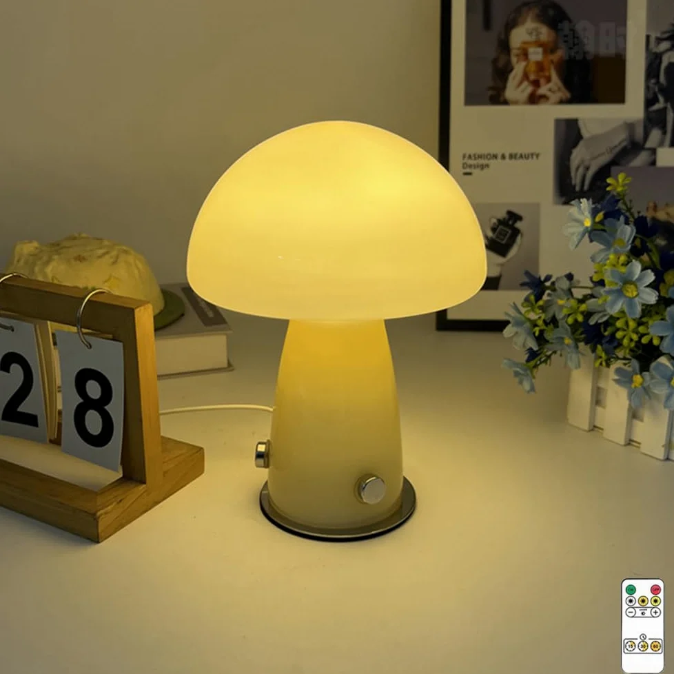 Lampada da Tavolo a Fungo con Spina USB Lampada da Comodino a LED Dimmerabile in Vetro con Telecomando, 3000k-6000k, Lampada a Fungo da Tavolo per Camera da Letto Ristorante Lettura Uffici,Bianca