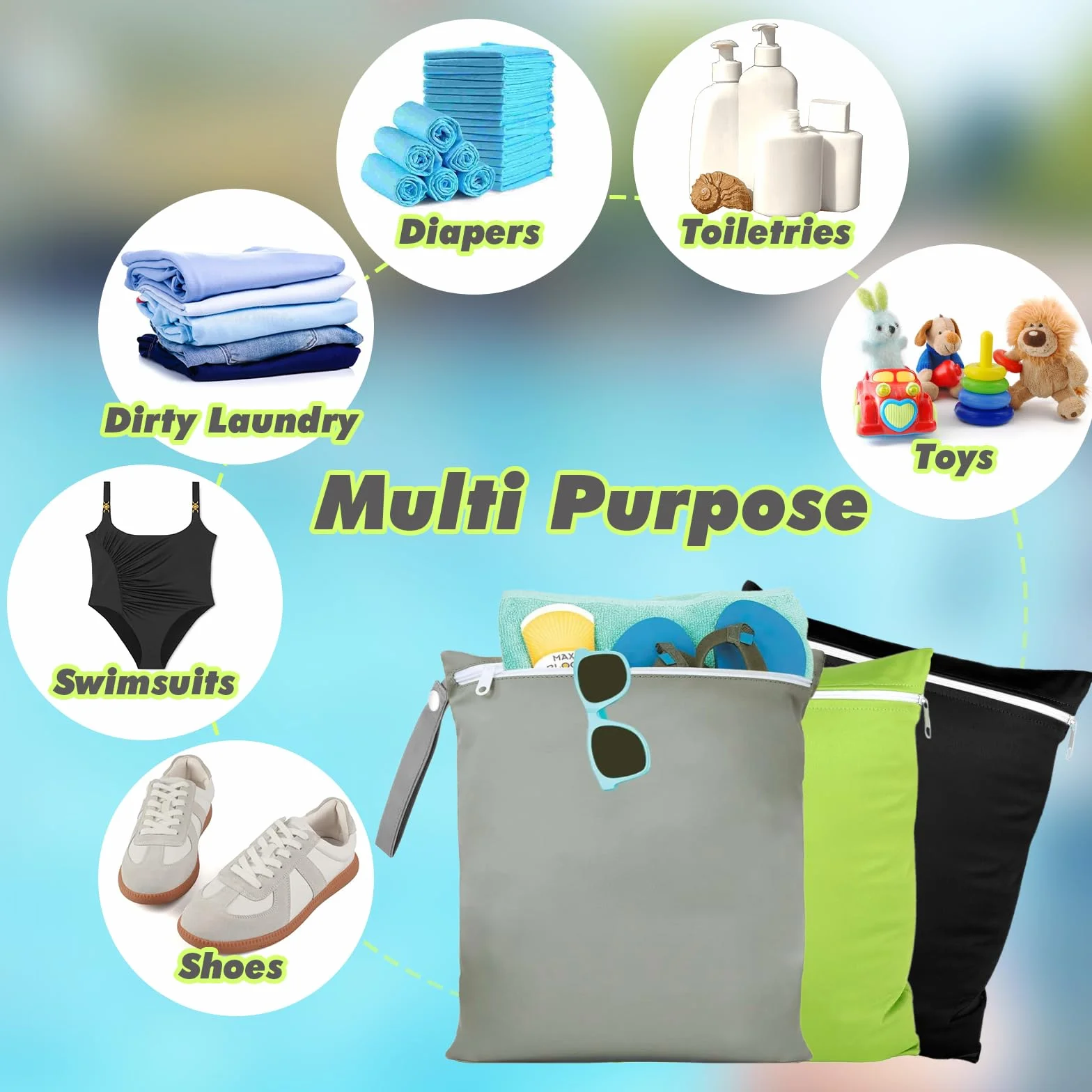 Wetbag Impermeabile 40x30 cm 3 Pezzi con Cerniera Riutilizzabile Nero Grigio Verde