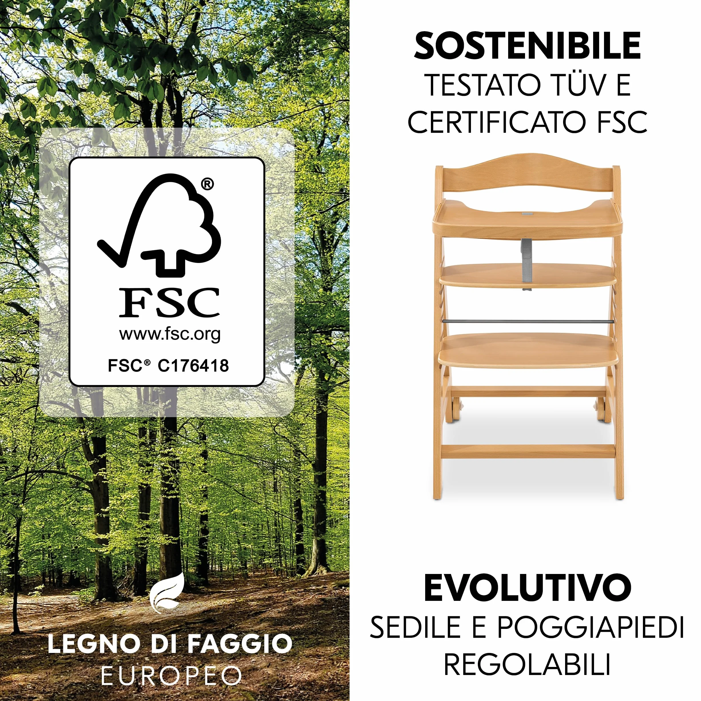 hauck Seggiolone Set Alpha+ Move - Sedia Evolutiva Legno con Ruote, Vassoio e Cuscino - 2 Piatti in Silicone - Legno/Mint