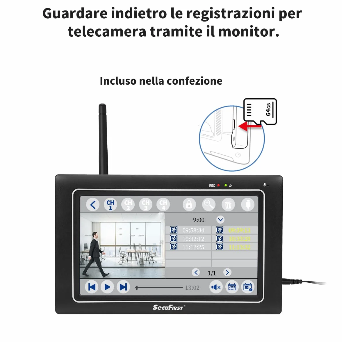 SecuFirst Kit Telecamere Videosorveglianza Esterno 2K senza fili 7" Touch Screen monitor 64 GB memoria nessun abbonamento
