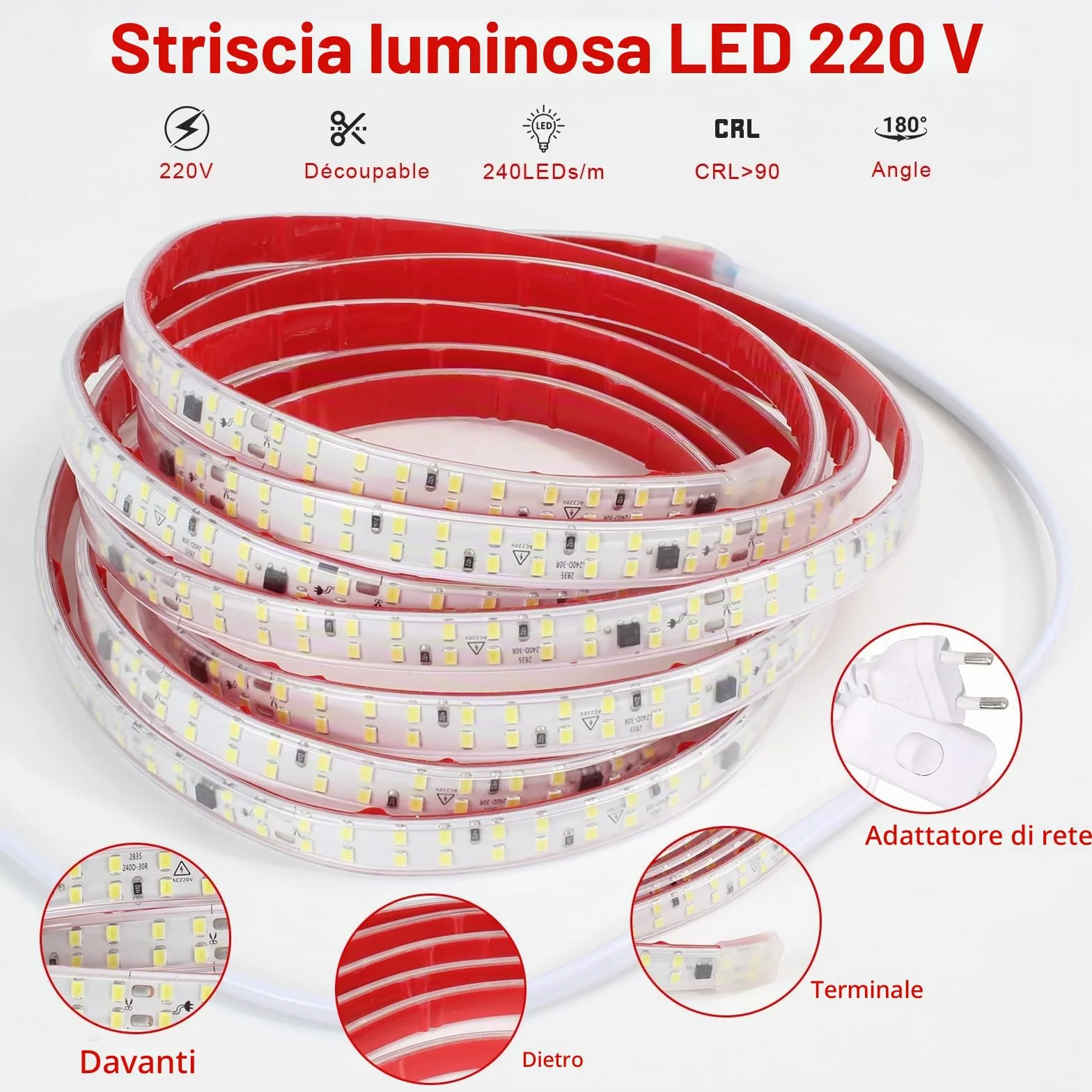 pcning IP65 Impermeabile Strip LED Adesiva 220V 3M 2835 240 leds/m Flessibile Striscia Bianco Freddo 6000K, Strisce LED 220 Volt da Esterno 3 Metri (Bianco Freddo, 3M)