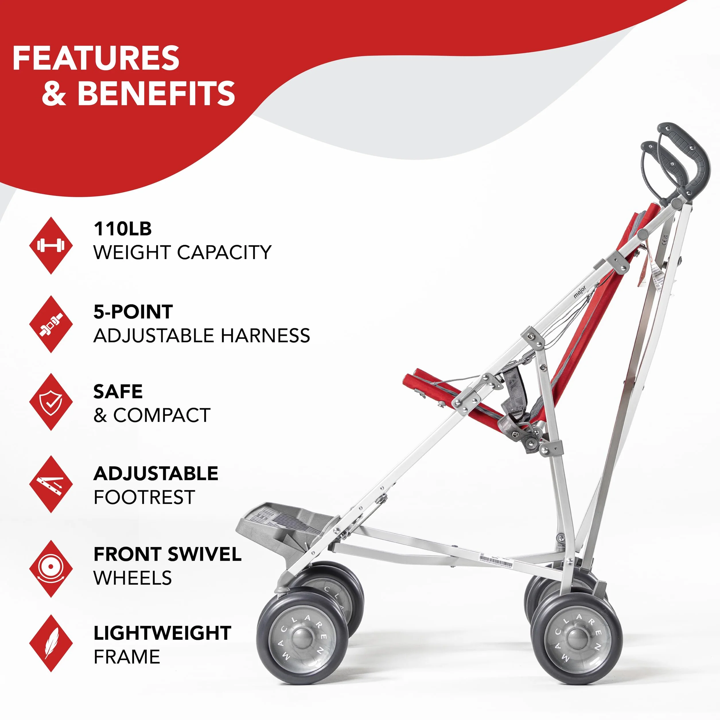 Passeggino per disabili Maclaren Major Elite fino a 50 kg Chiusura a ombrello Rosso Cardinale
