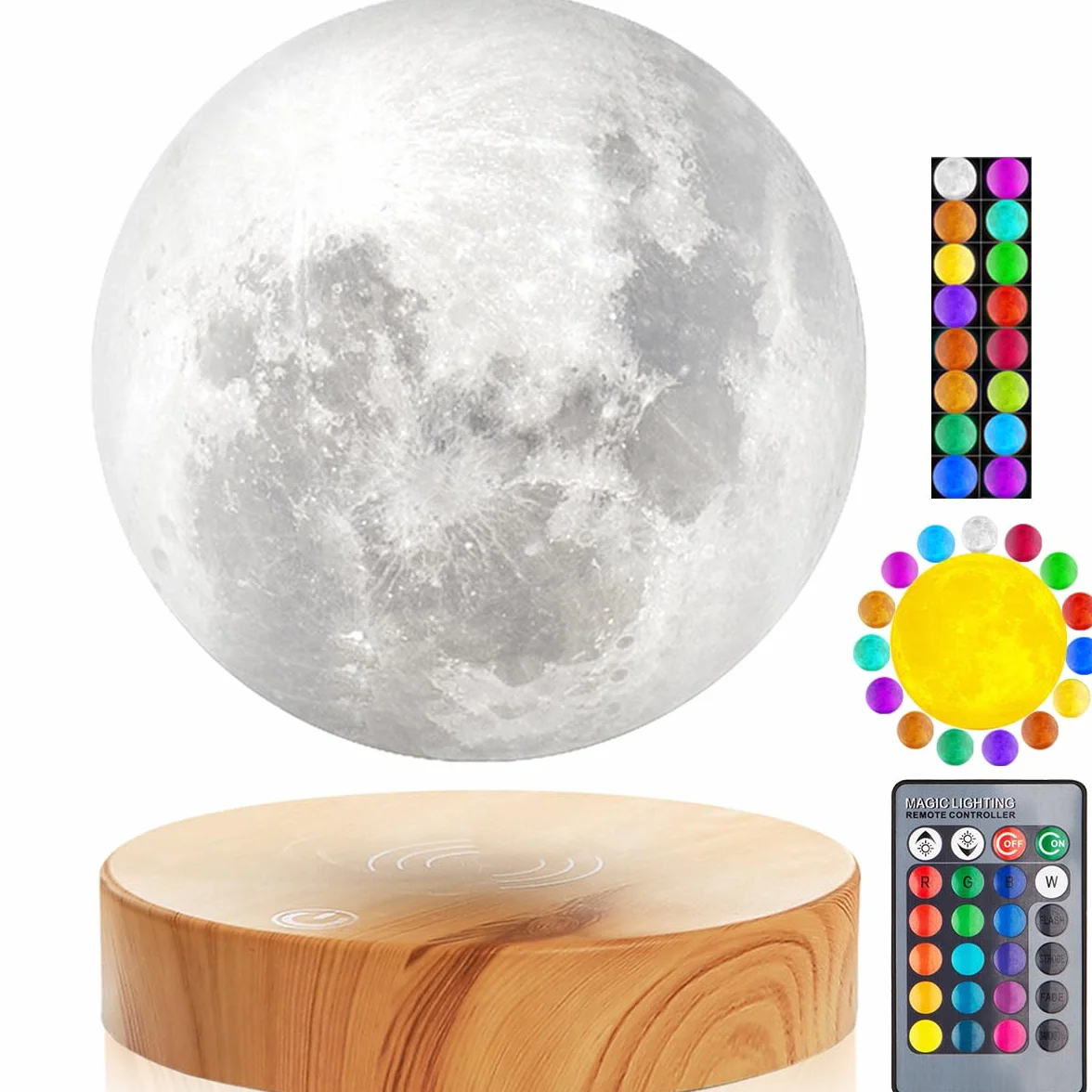 Lampada VGA a forma di luna che oscilla liberamente nell'aria, con base in legno e luce di luna della stampa 3D, per regali unici, Room Decor, luce notturna, scrivania giocattolo Tech