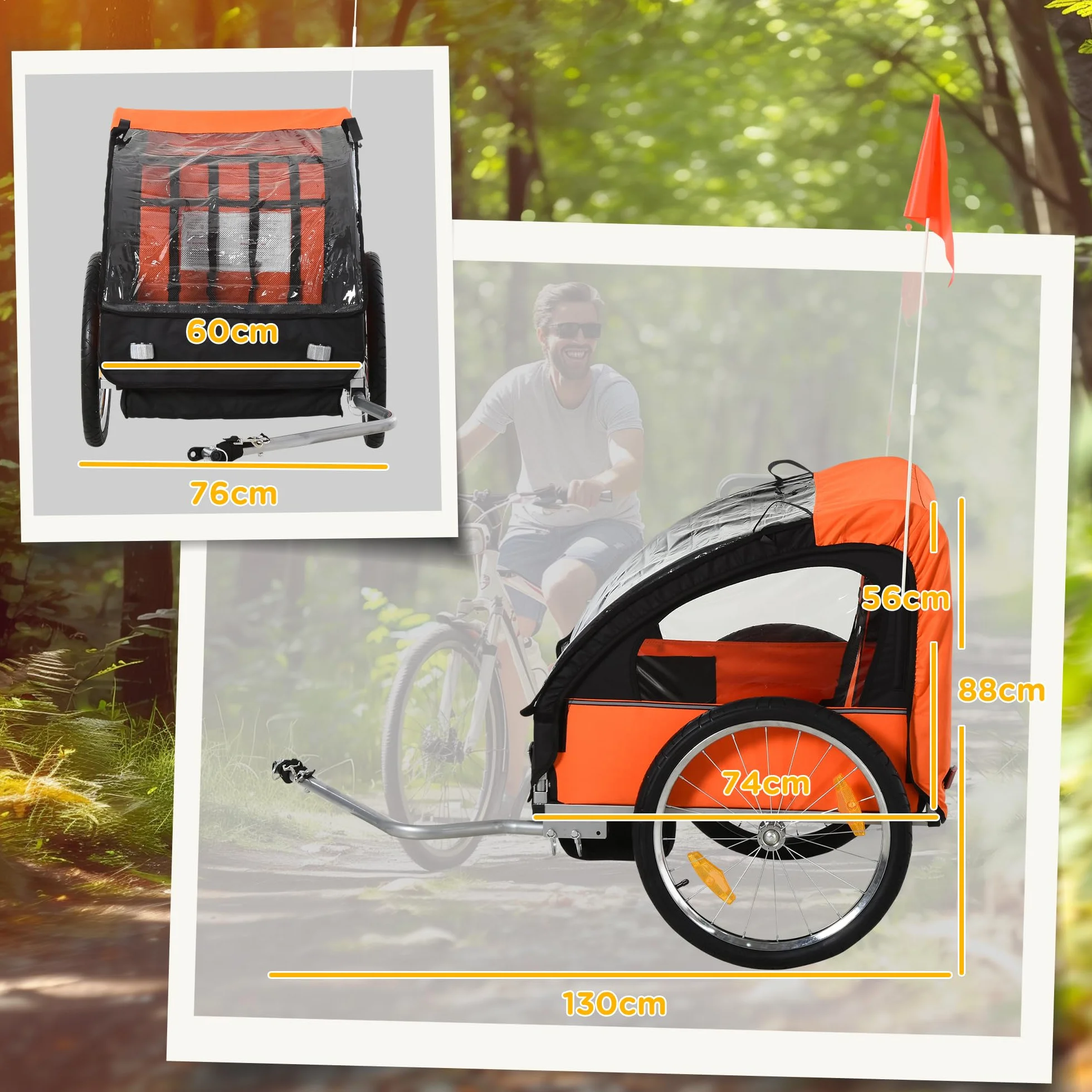 Homcom Rimorchio Bici Bambini 2 Posti con Cinture di Sicurezza Telaio Acciaio Copertura Tessuto Oxford