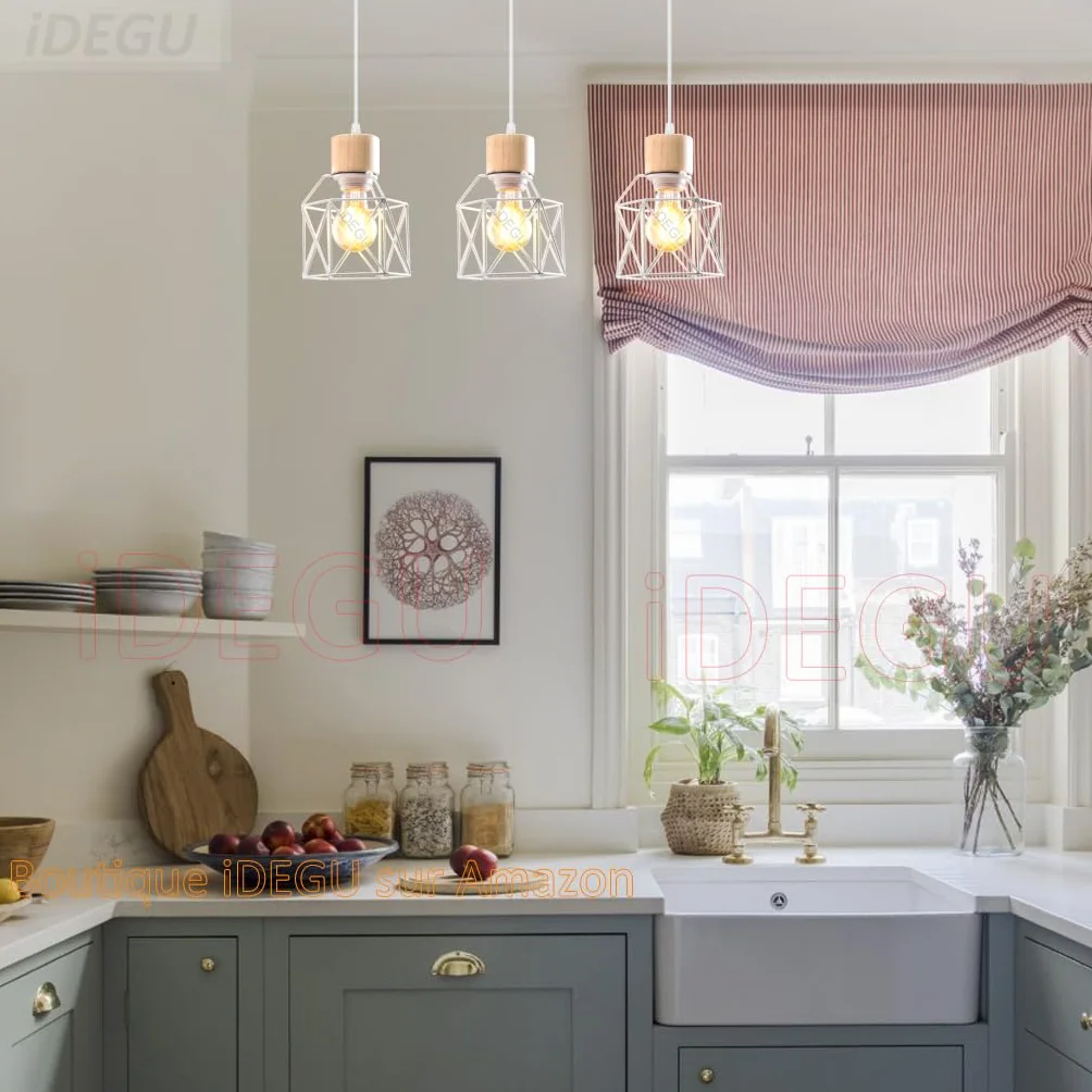 iDEGU 3 Luci Lampadario a Sospensione Vintage E27 Plafoniera Industriale in Legno Metallo Gabbia Lampada da Soffitto Retrò Lampade a Sospensione per Cucina Salotto Cameretta (Bianco, Legno, Barra)