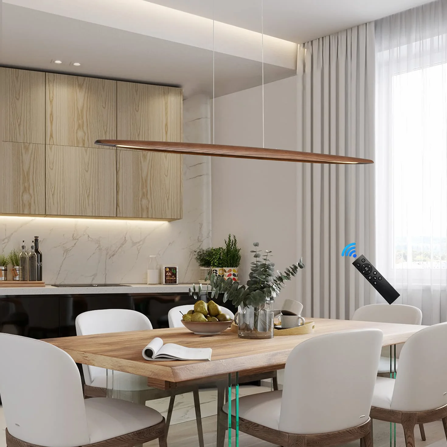 YISDESIGN Lampada a sospensione lineare in legno da 180,3 cm, per sala da pranzo e isola, lampadario lineare a LED dimmerabile, 40 W, colore noce