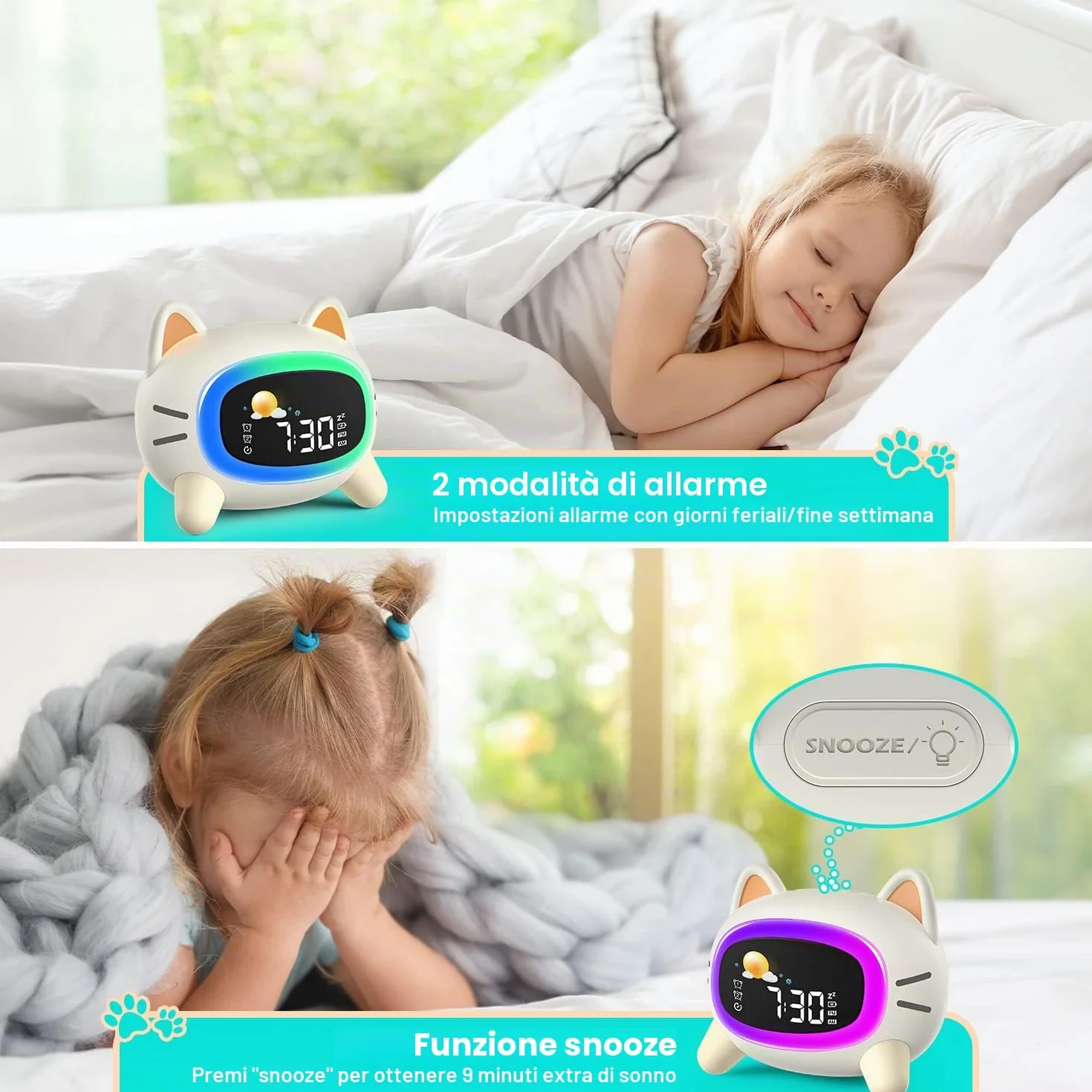 LEMNOI SG5 Sveglia per Bambini, 3 Luminosità 5 luce notturna 7 Musica, Sveglia Digitale per Bambini, Funzione di Ricarica, sveglia da comodino digitale, allenamento del sonno per i bambini (gatto)