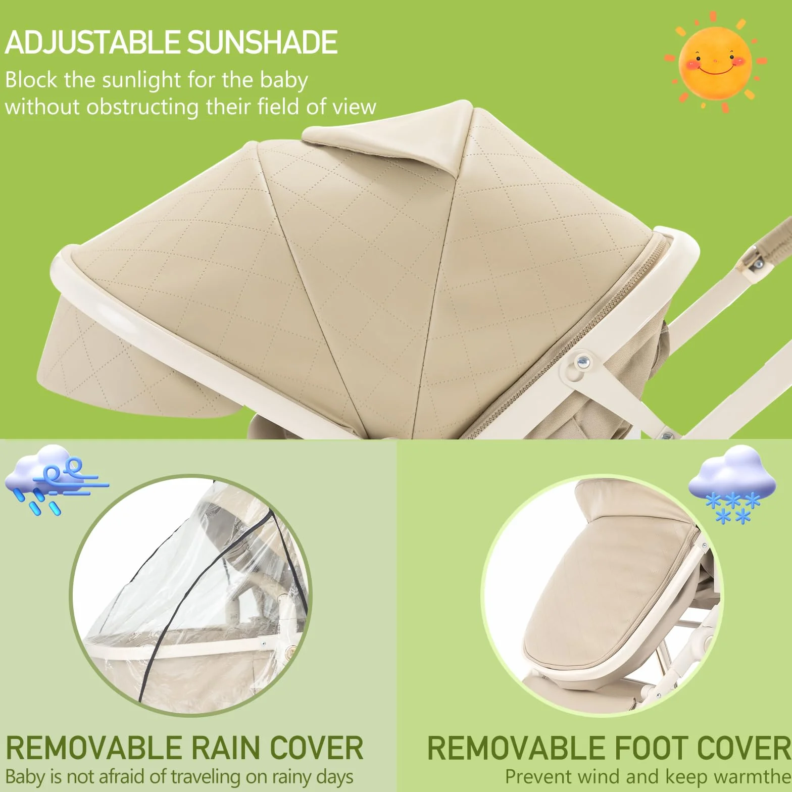 Pelle Passeggino 3 in 1 Sistema di Viaggio con Seggiolino Auto Telaio Alluminio Carrozzina Città Pieghevole per Bambini 0-4 Anni Cachi