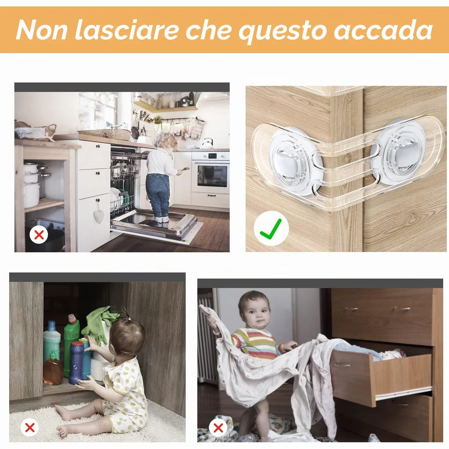 Blocca Cassetti per Bambini, Chiusure Sicurezza, Blocca Sportelli per Armadio Frigorifero Cassetto Gabinetto, Trasparente, 12 Pezzi