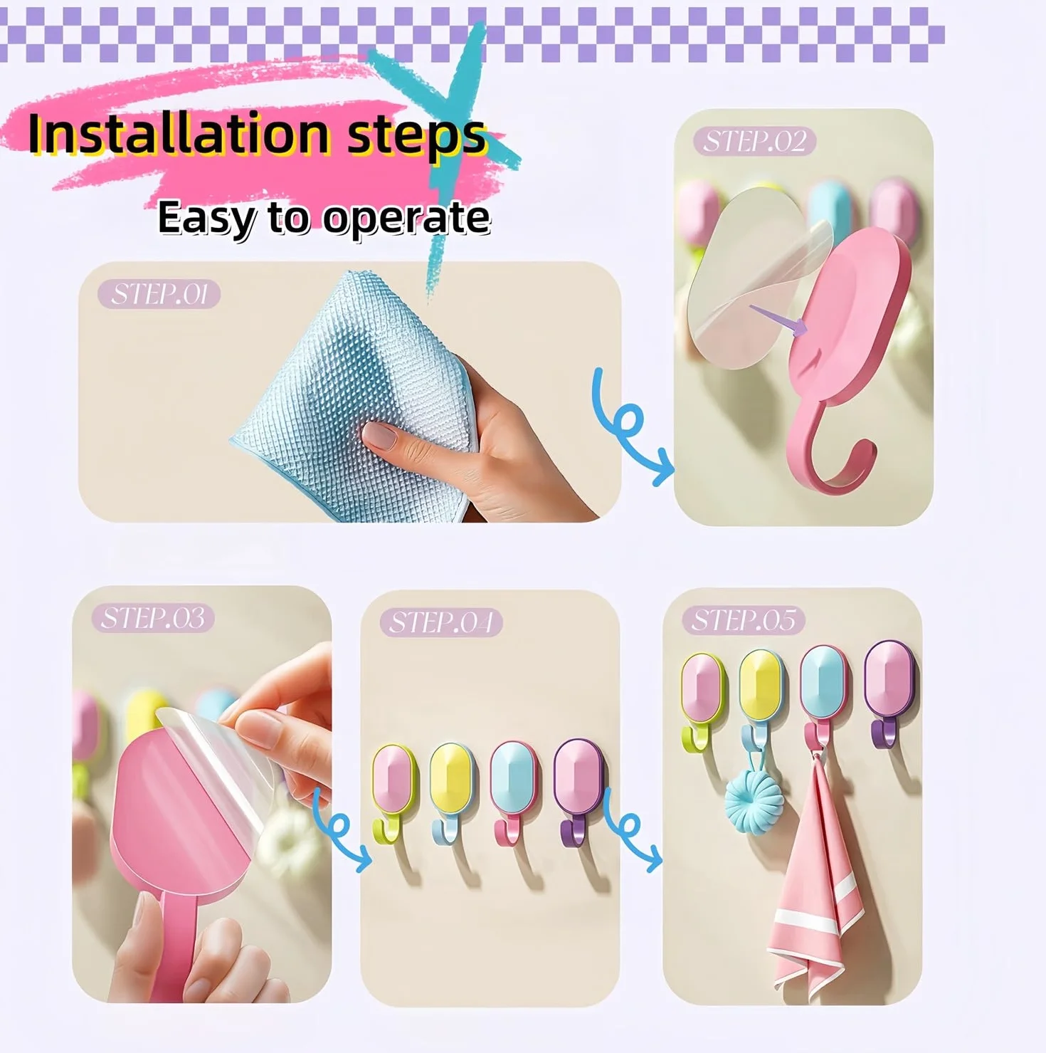 Ganci adesivi da parete per bambini 4 pezzi colorati senza foratura