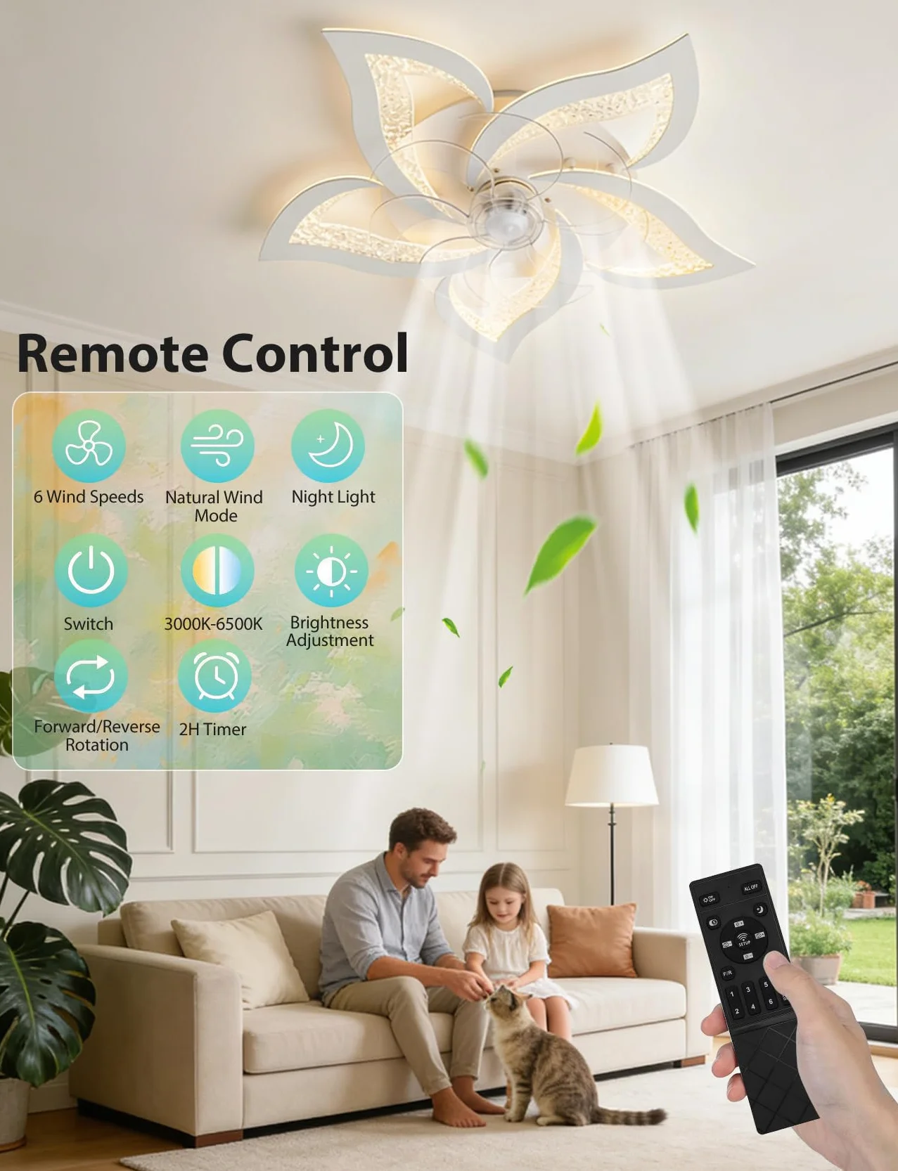 Aigostar Ventilatore da Soffitto con Luce e Telecomando Silenzioso Fiore - 40W Luce LED Regolabile 3000K-6500K, 16W Motor DC Reversibile, 6 Velocità con Timer per Casa (67cm, Bianco)