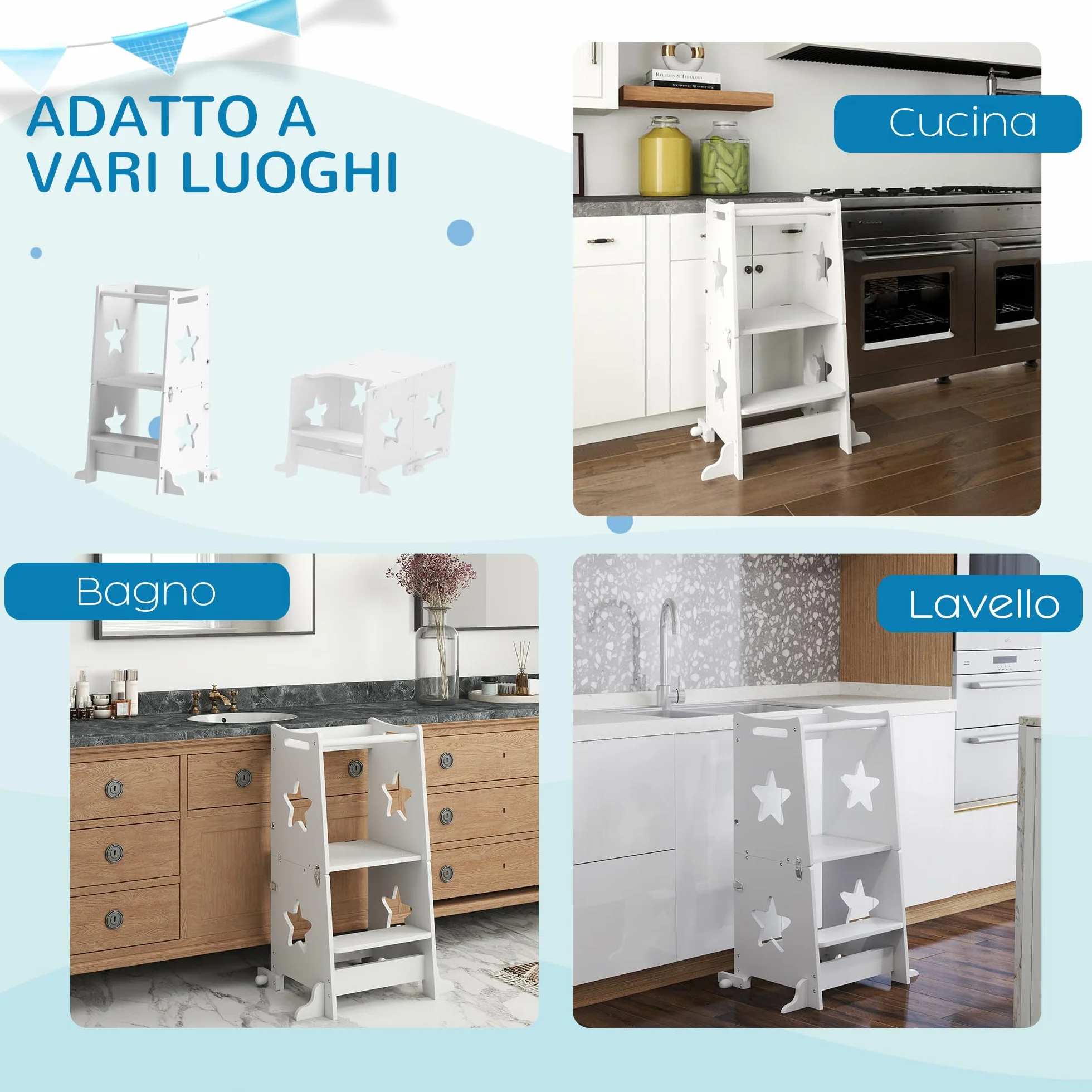 AIYAPLAY Torre Montessoriana Bambini Convertibile Set Tavolo Sedie Barra Sicurezza Sgabello Legno 3-6 Anni Apprendimento Bagno Cucina Toilette Bianco