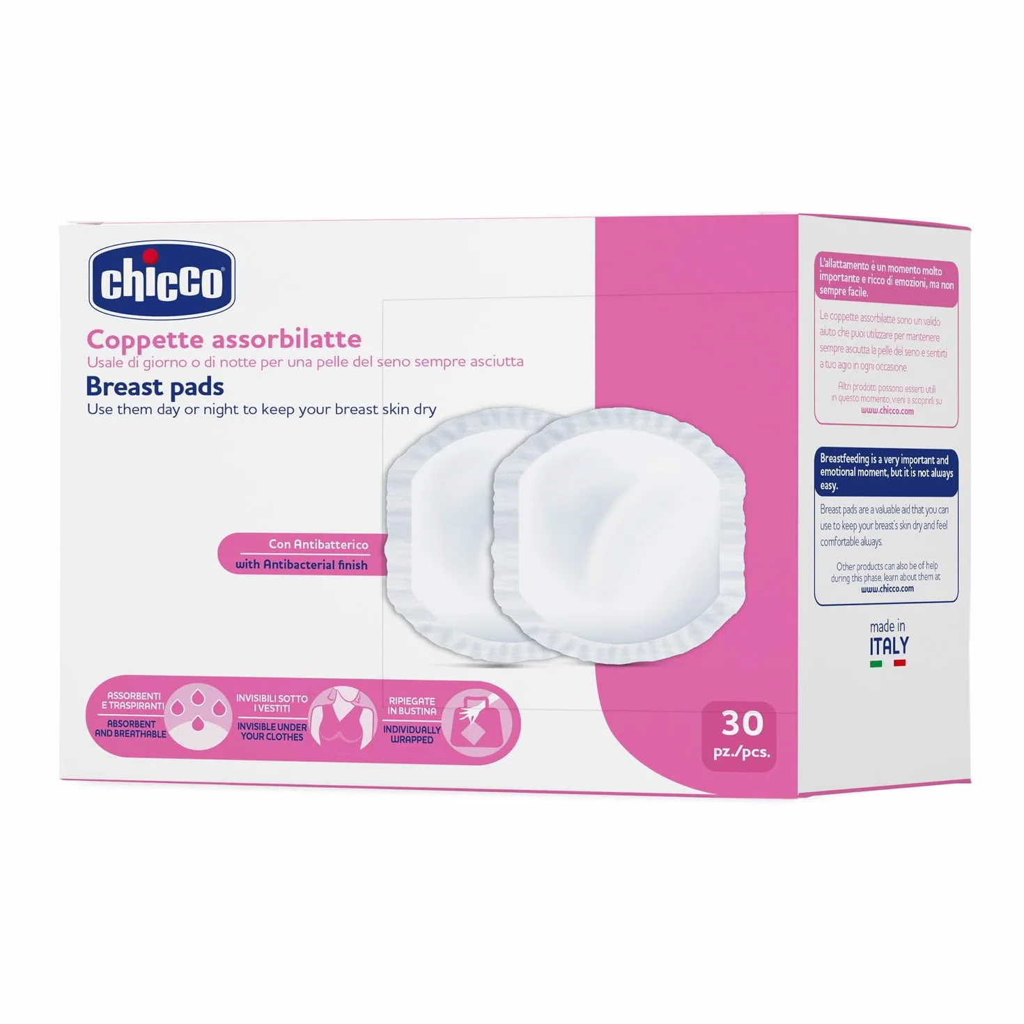 Chicco Coppette Assorbilatte Giorno e Notte, Ultra-Assorbenti, Morbide, Traspiranti, 30 Pezzi, Bianco