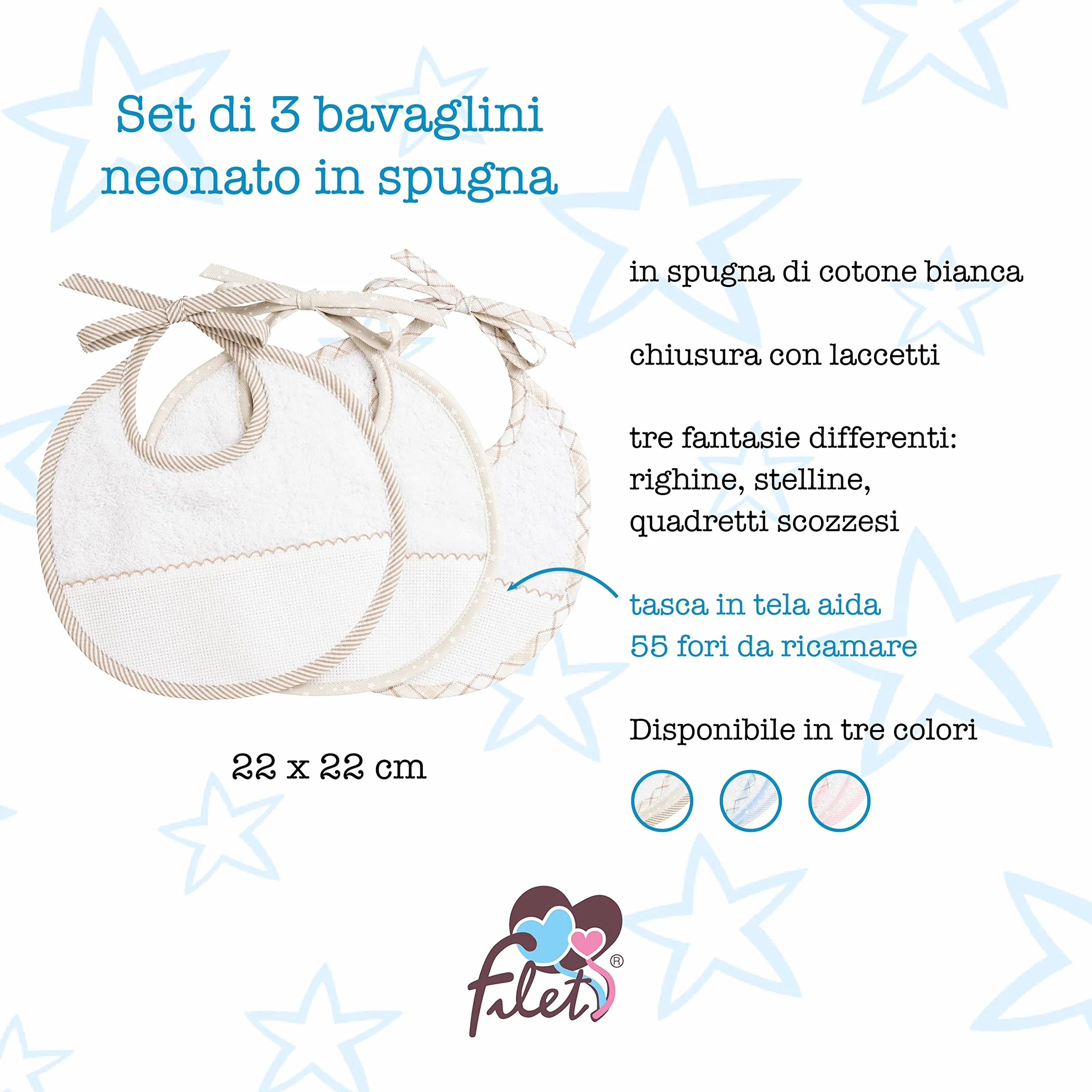 Filet Set 3 bavaglini neonato da ricamare