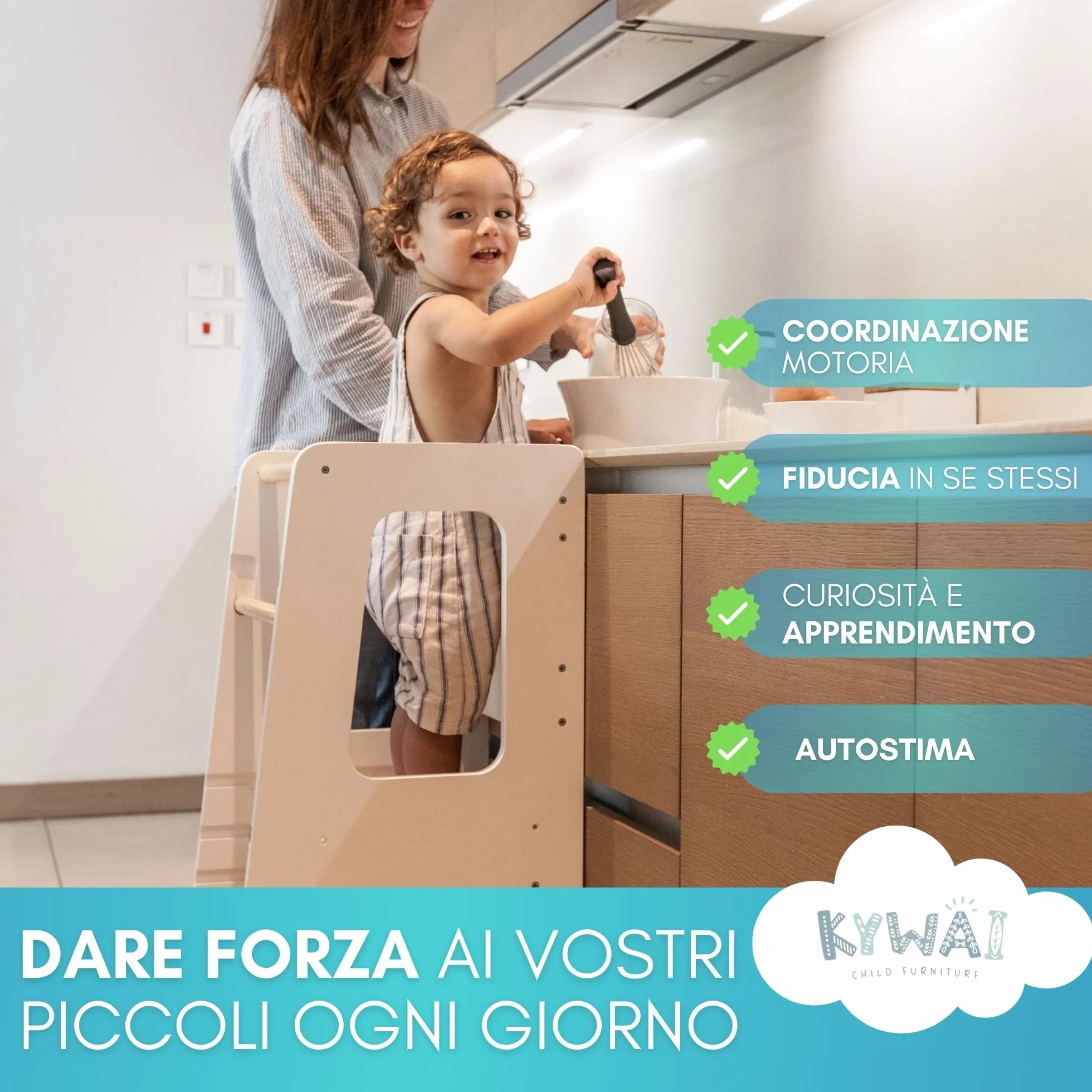Torre Montessoriana Bambini Premium Legno Regolabile Altezza Doppia Barra Sicurezza Bianco