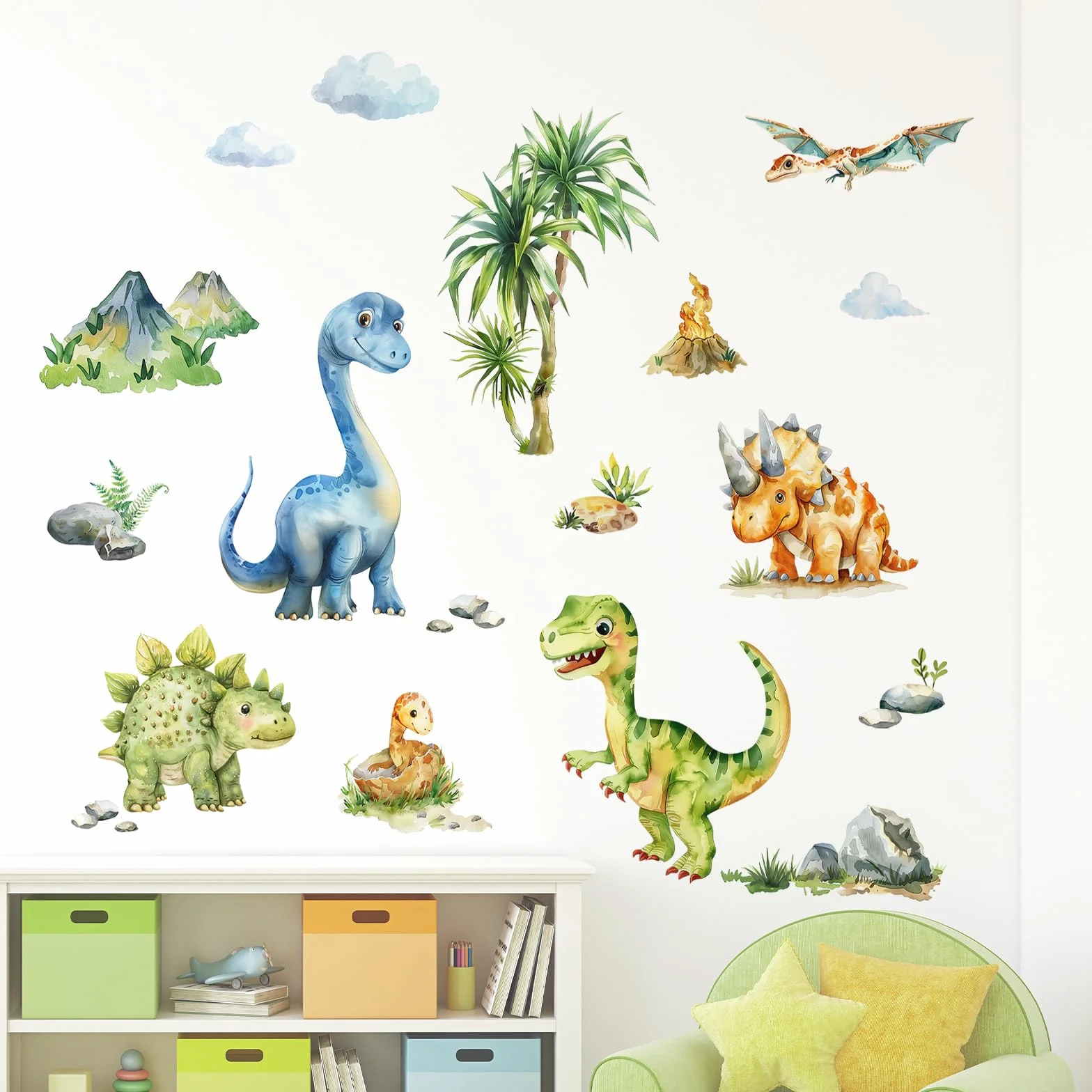 Tanlaby Dinosauri Adesivi Murali Animali Tropicali Acquerello Decorazione Murale per Bambini
