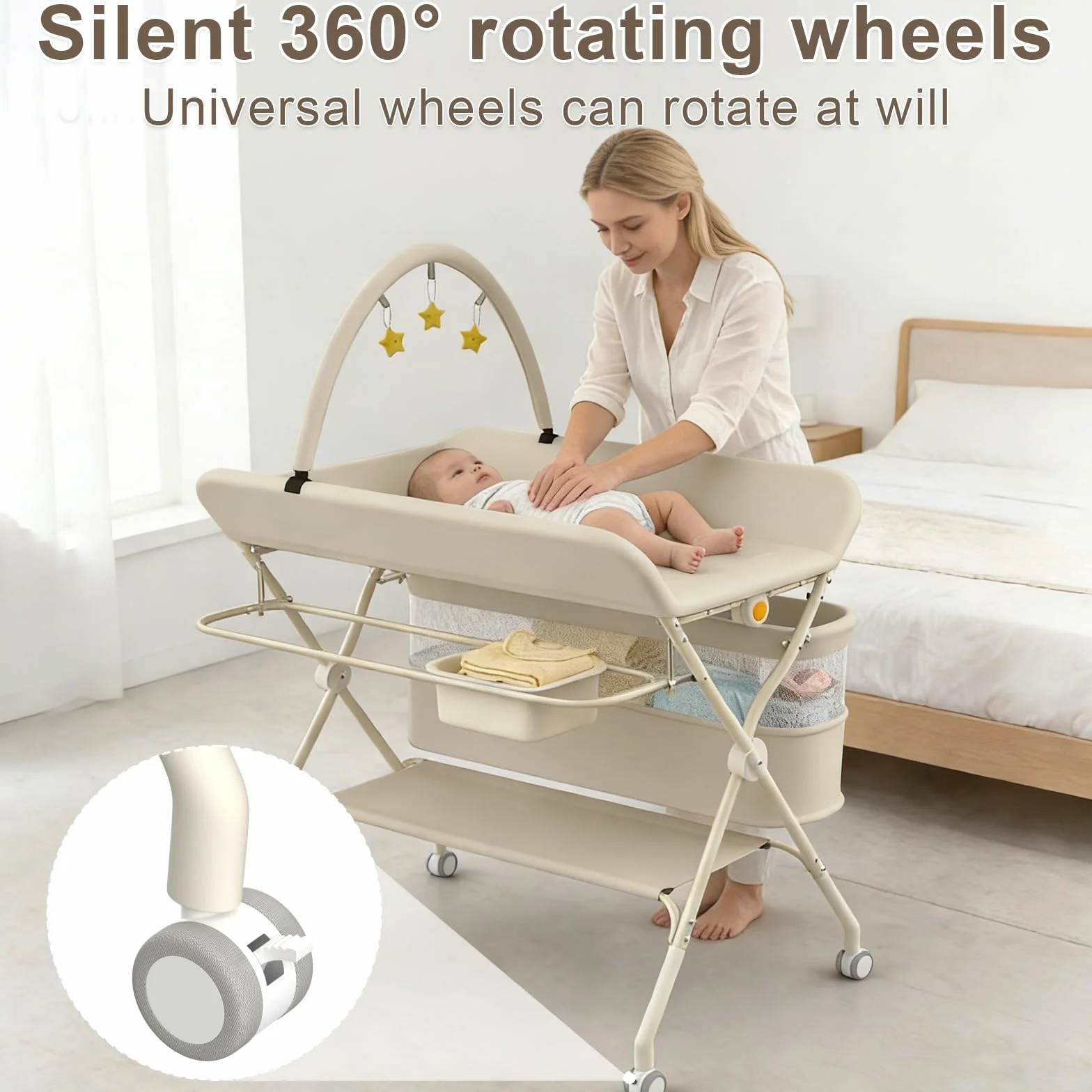 Fasciatoio Neonato Pieghevole Portatile Altezza Regolabile con Ruote Silenziose 360° Bloccabili Bianco Latte 75x68x83-91cm