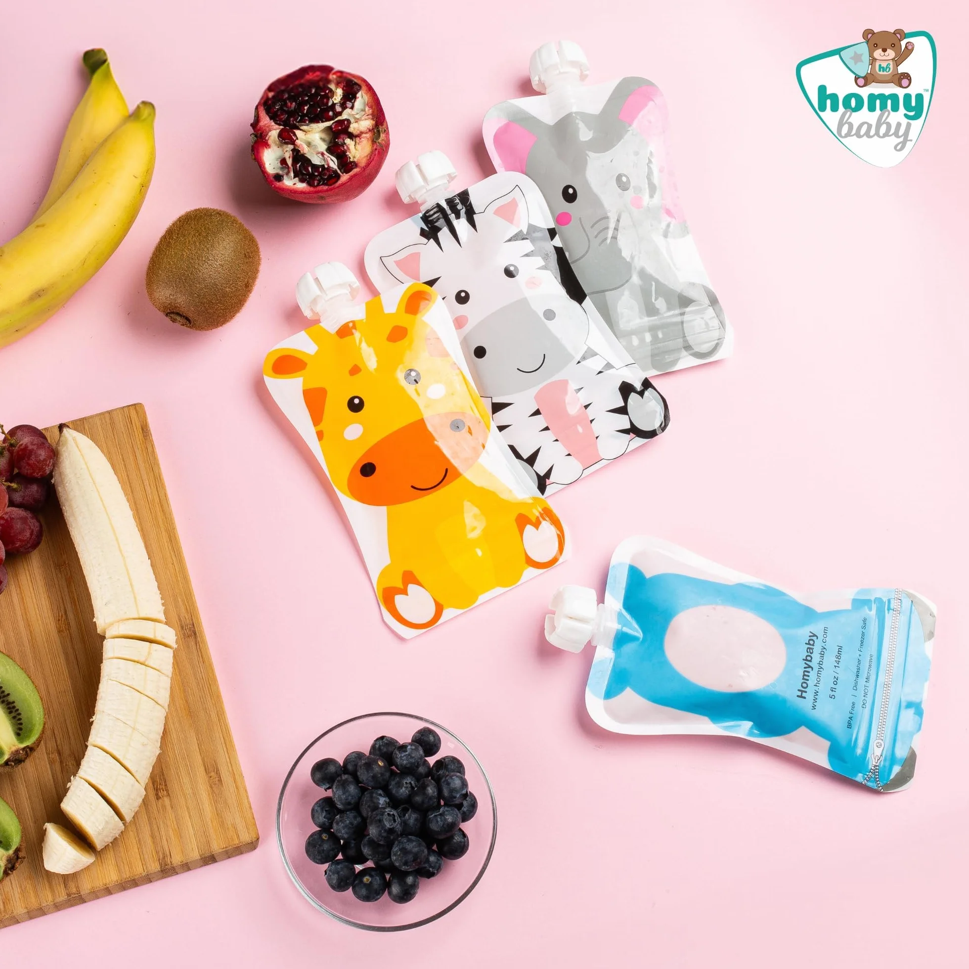 HOMYBABY® Sacchetti riutilizzabili per alimenti per bambini 4 pezzi - Sacchetti di frutta per alimentazione complementare bebè