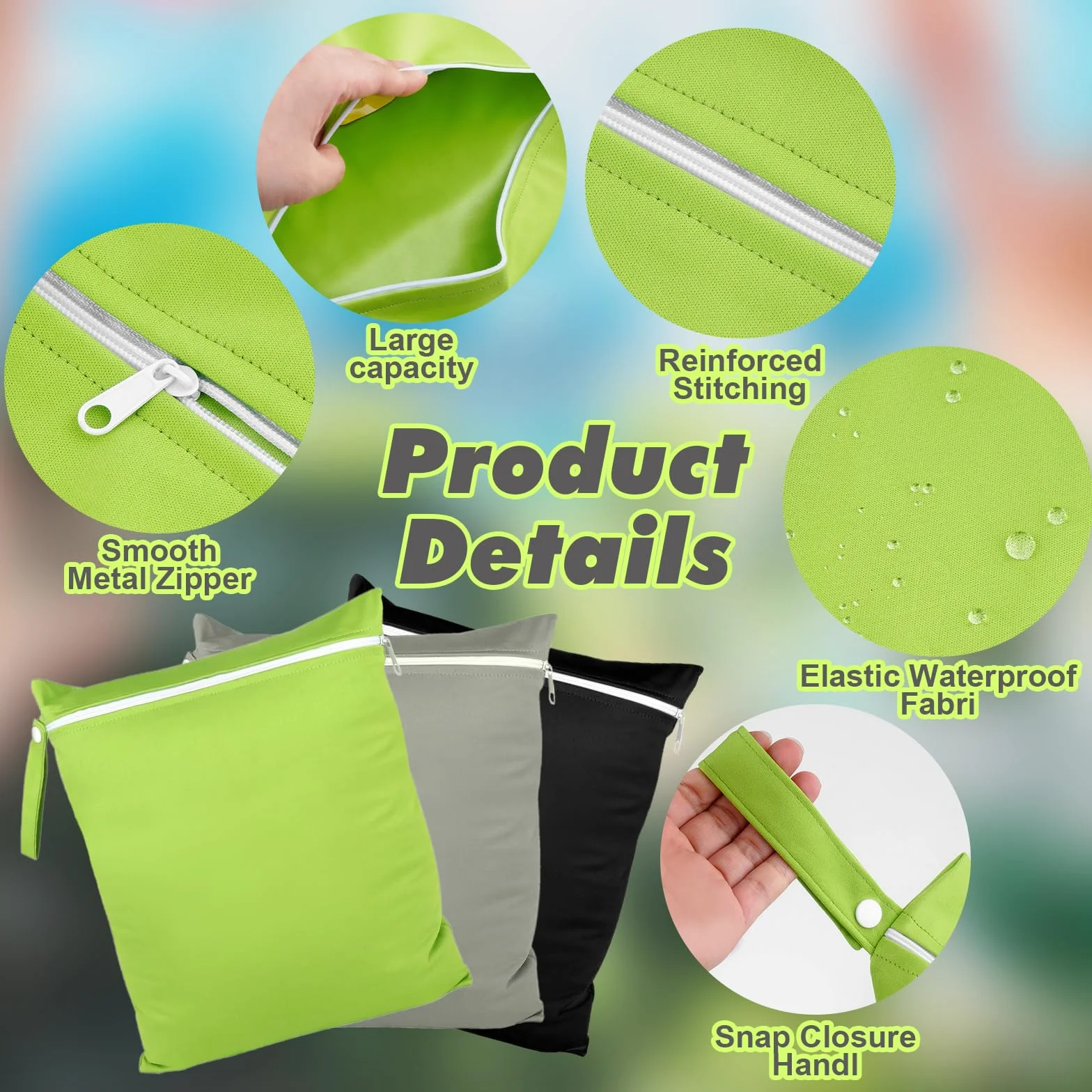 Wetbag Impermeabile 40x30 cm 3 Pezzi con Cerniera Riutilizzabile Nero Grigio Verde