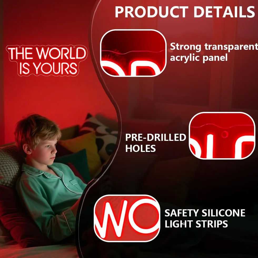 The World is Yours - Insegna al neon rossa dimmerabile a LED per decorazione da parete, sfondo per cinema, camera da letto, club, feste, uomo, regalo per ragazzi, adolescenti, uomini, alimentazione