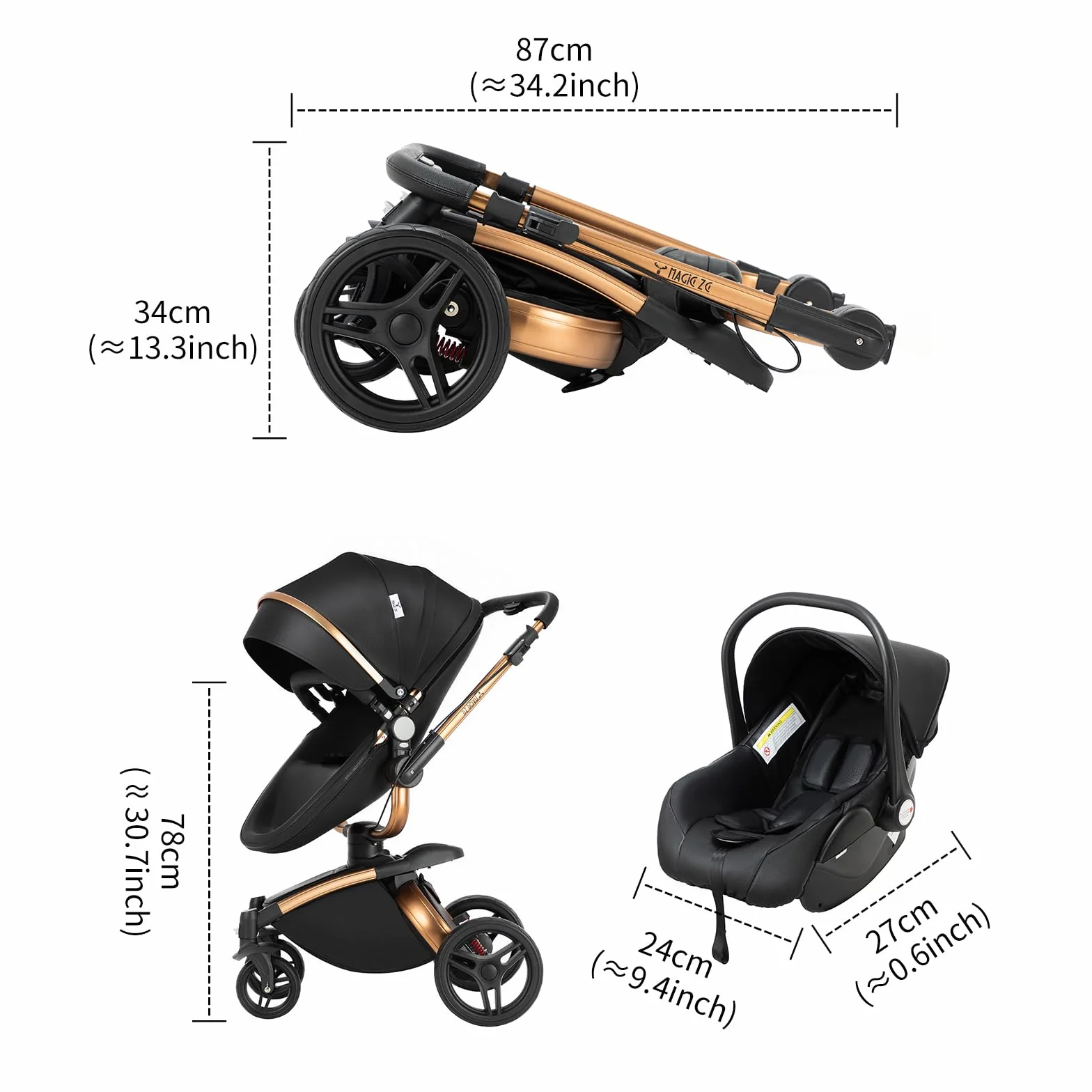 Passeggino Trio 3 in 1 360° Rotazione Pelle PU con Telaio Alluminio (906 Black)