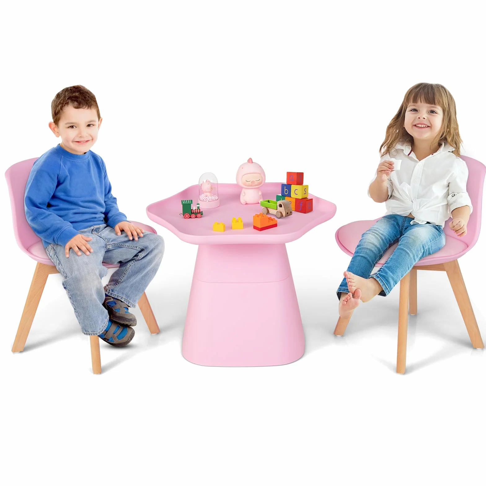 RELAX4LIFE Set Tavolo e Sedie Bambini 3 Pezzi Tavolino 2 Sedie Gambe Legno Faggio Seduta Similpelle 2 cm