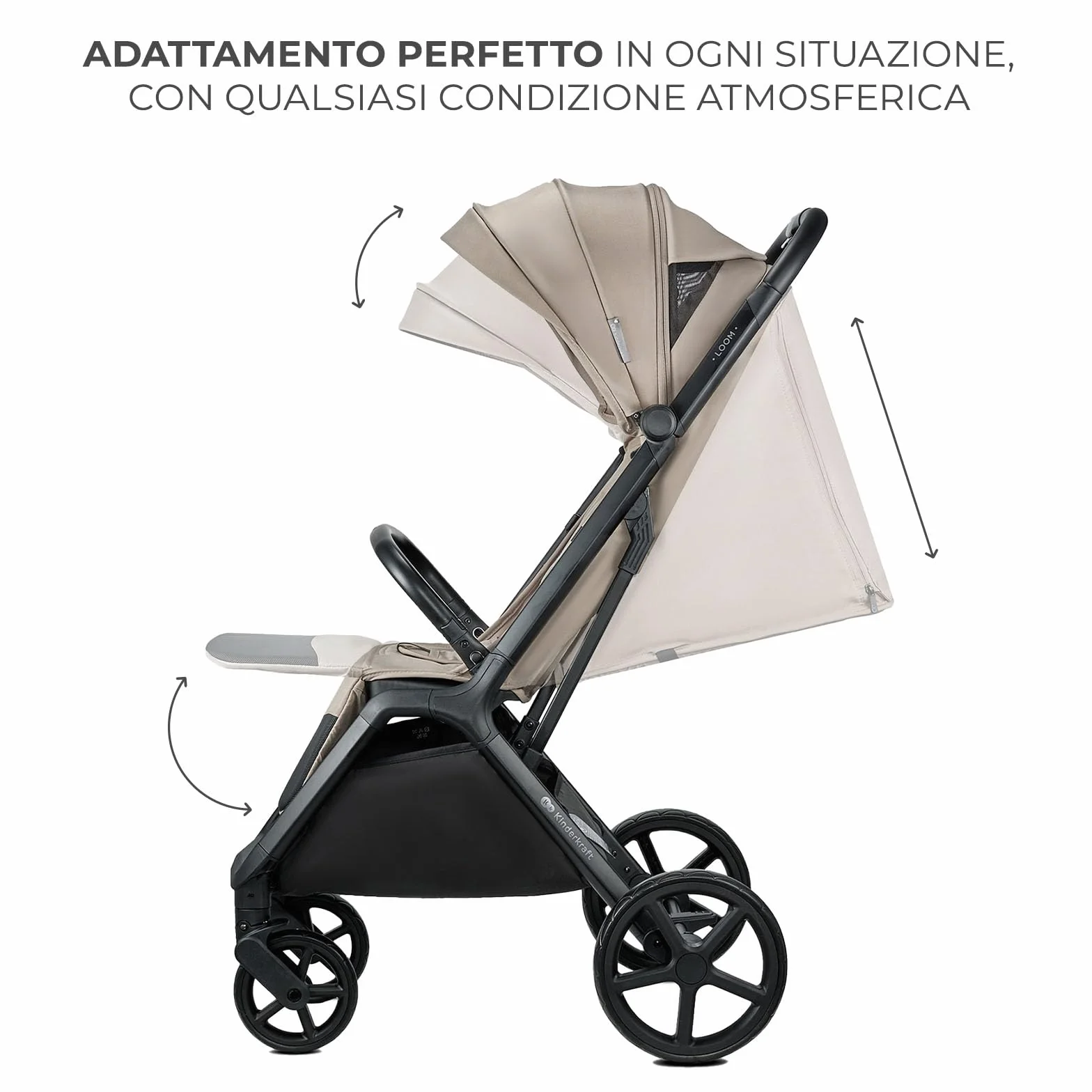 Kinderkraft LOOM Passeggino leggero 27kg, Chiusura una mano, cesto sotto, capottina estensibile, Barra sicurezza, Beige