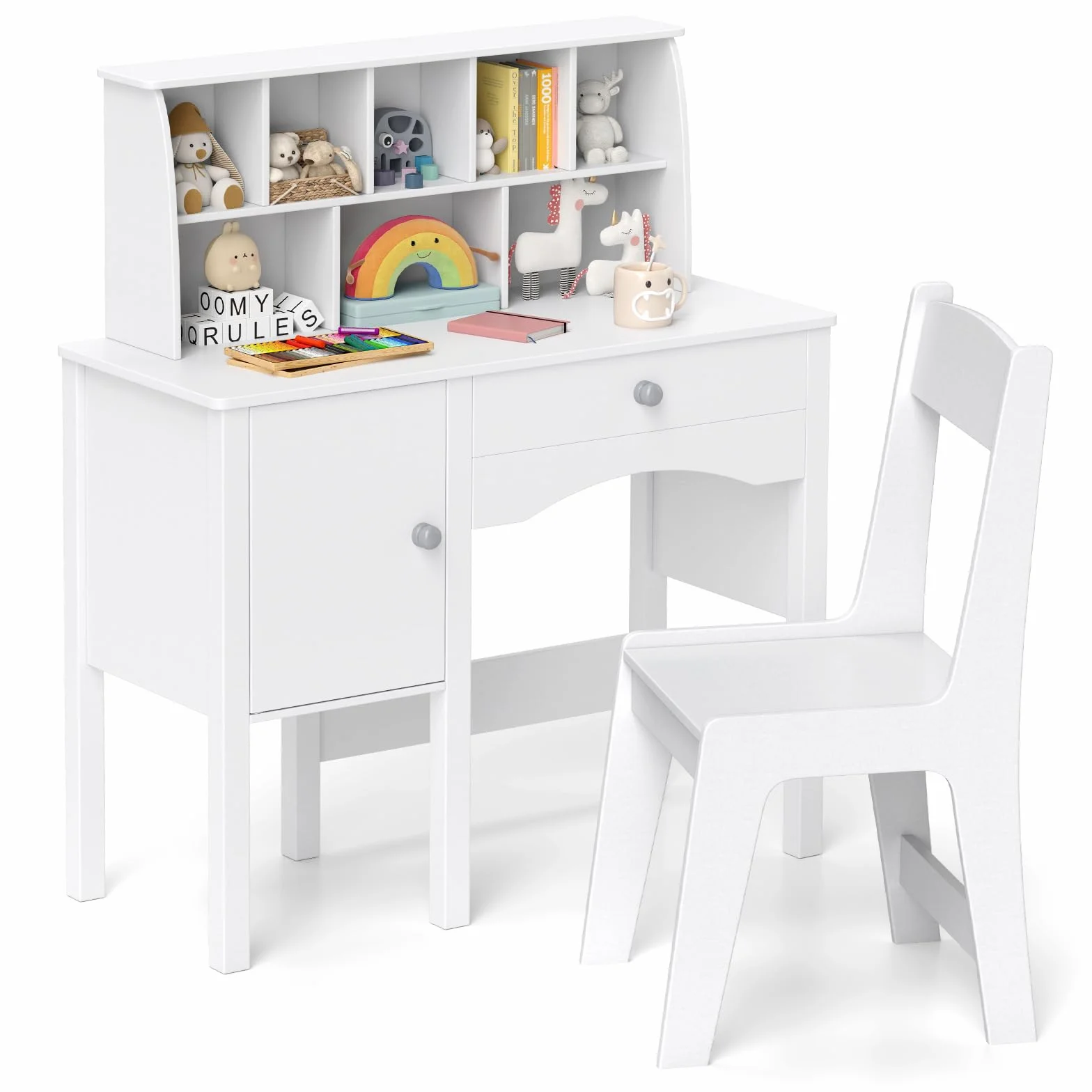 RELAX4LIFE Set Tavolo e Sedia per Bambini, Scrivania da Studio con Scaffale e Armadio, Bianco