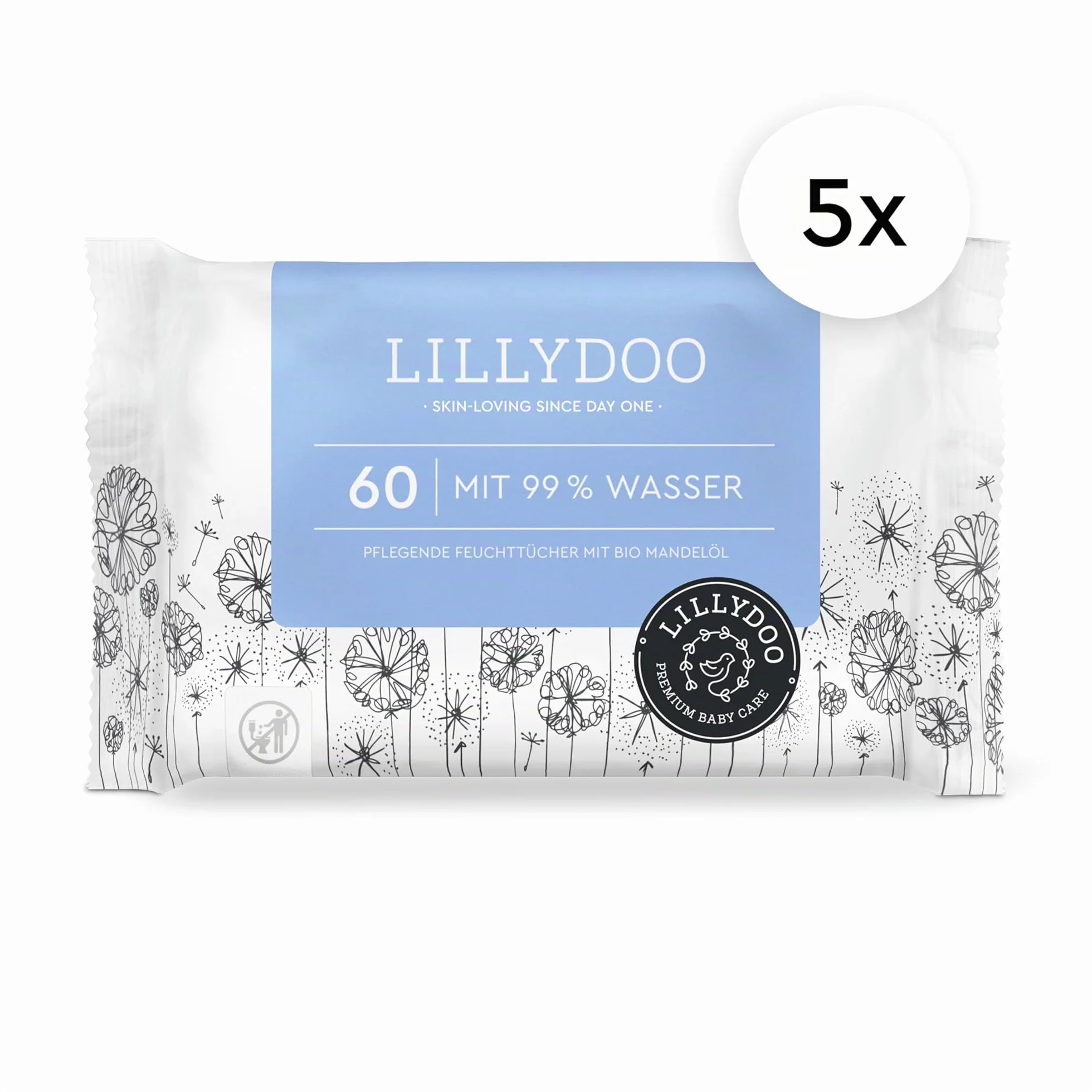 LILLYDOO Salviettine umidificate 99% acqua 300 pezzi 100% senza plastica senza profumi